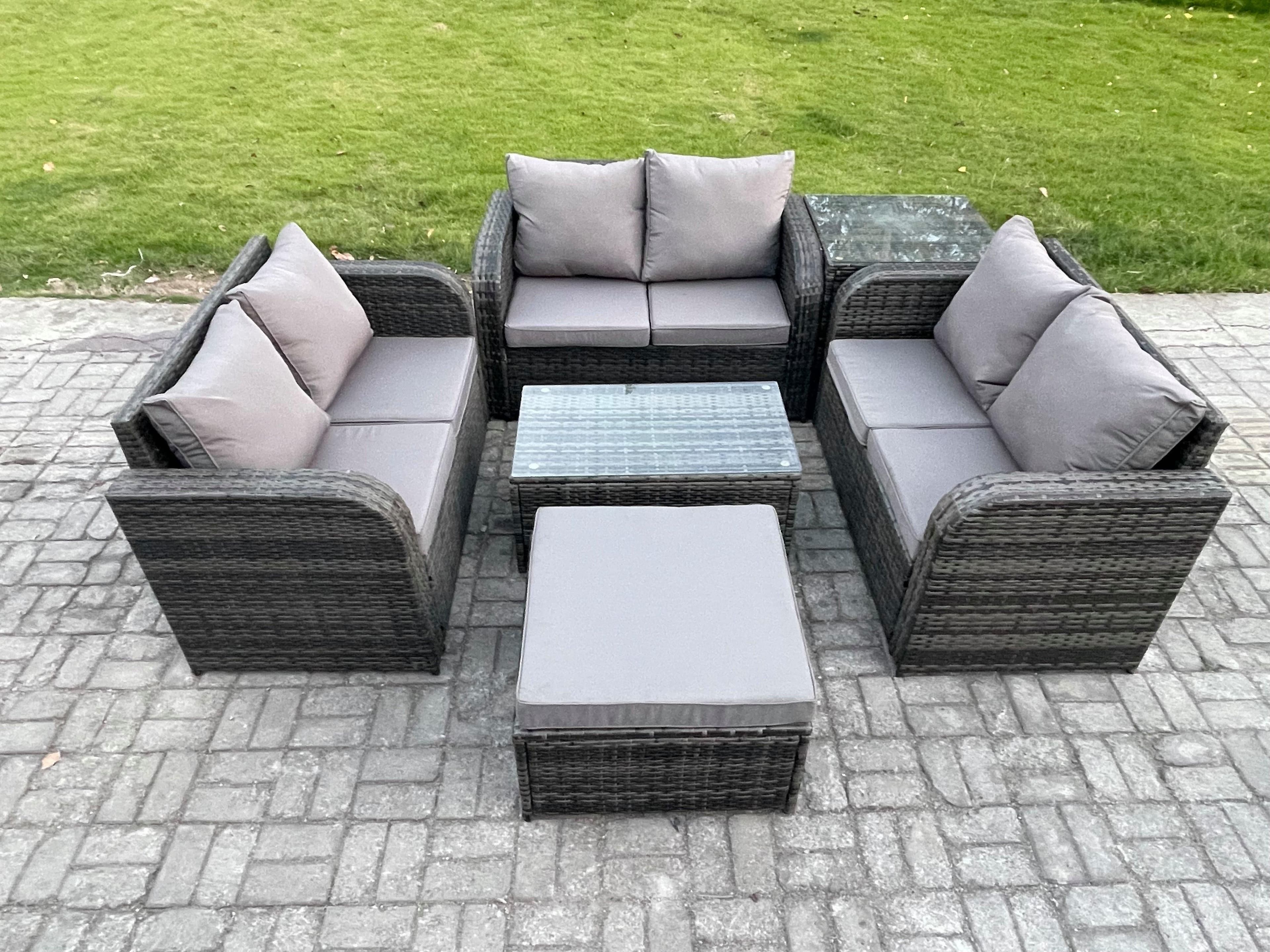 Outdoor Garden Furniture Sets 7 Seater Wicker Rattan Furniture Sofa Sets Rectangular Coffee Table Love Sofa Big Footstool Side Table