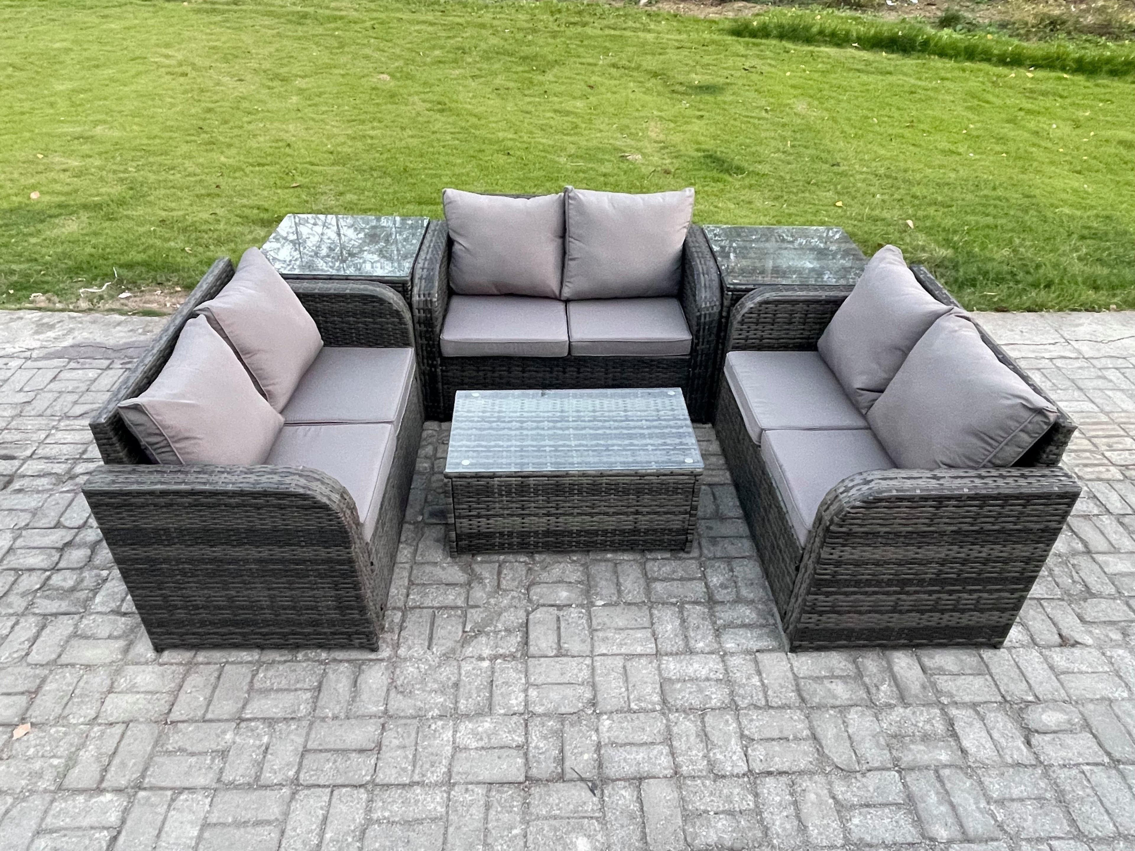 Outdoor Garden Furniture Sets 6 Seater Wicker Rattan Furniture Sofa Sets Rectangular Coffee Table Love Sofa 2 Side Tables