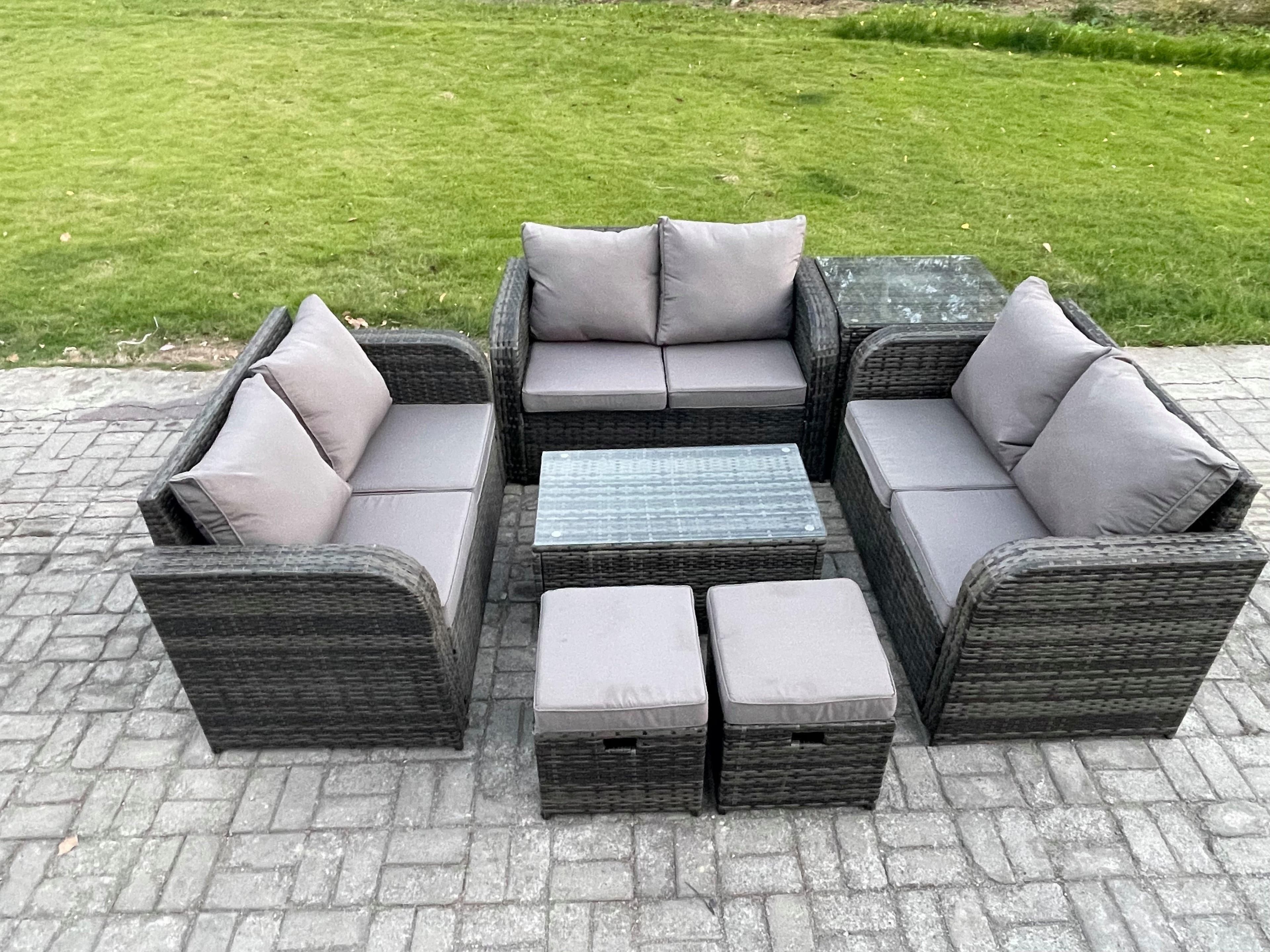 Outdoor Garden Furniture Sets 8 Seater Wicker Rattan Furniture Sofa Sets Rectangular Coffee Table Love Sofa Side Table 2 Small Footstools