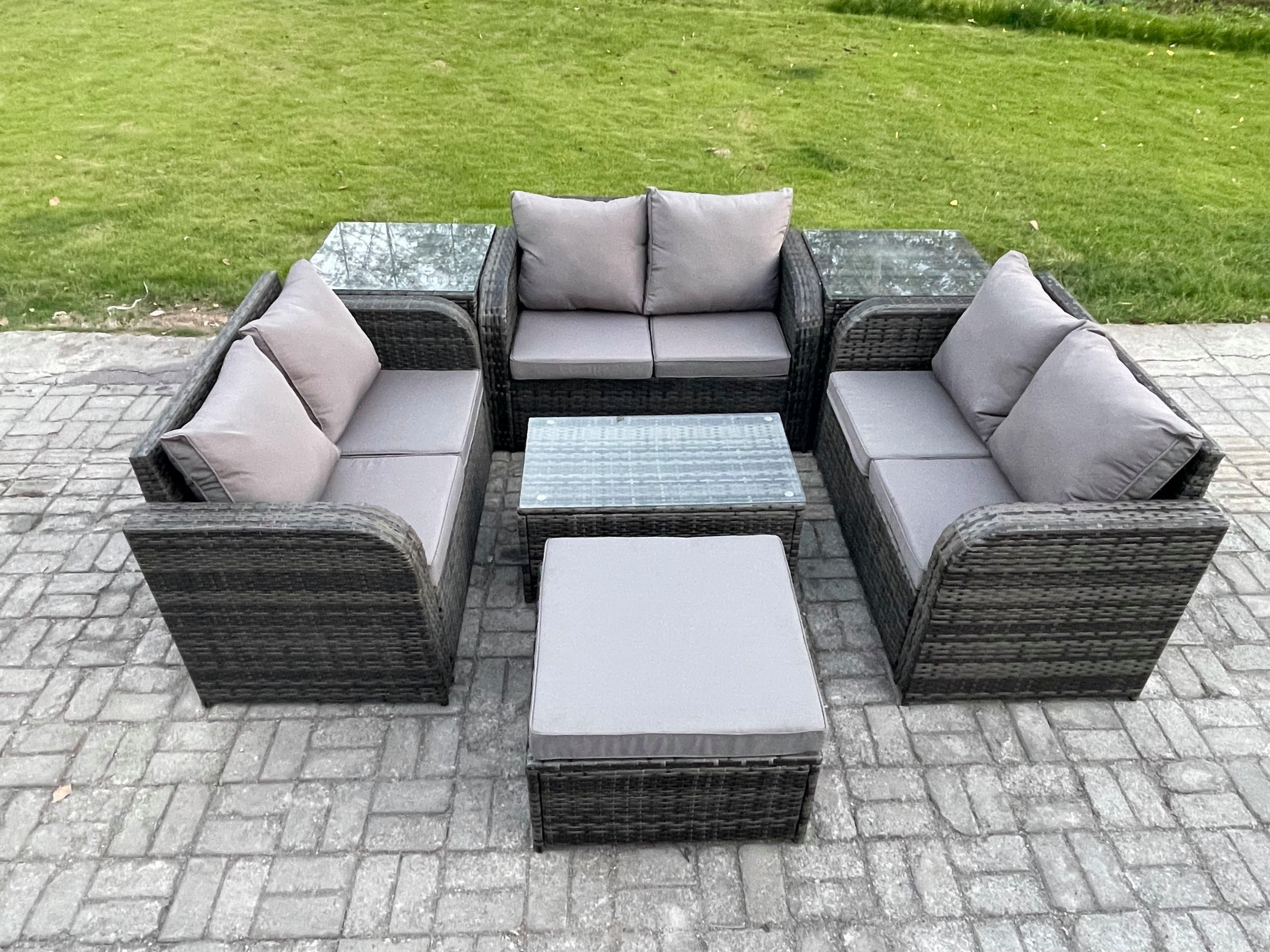 Outdoor Garden Furniture Sets 7 Seater Wicker Rattan Furniture Sofa Sets Rectangular Coffee Table Love Sofa 2 Side Tables Big Footstool