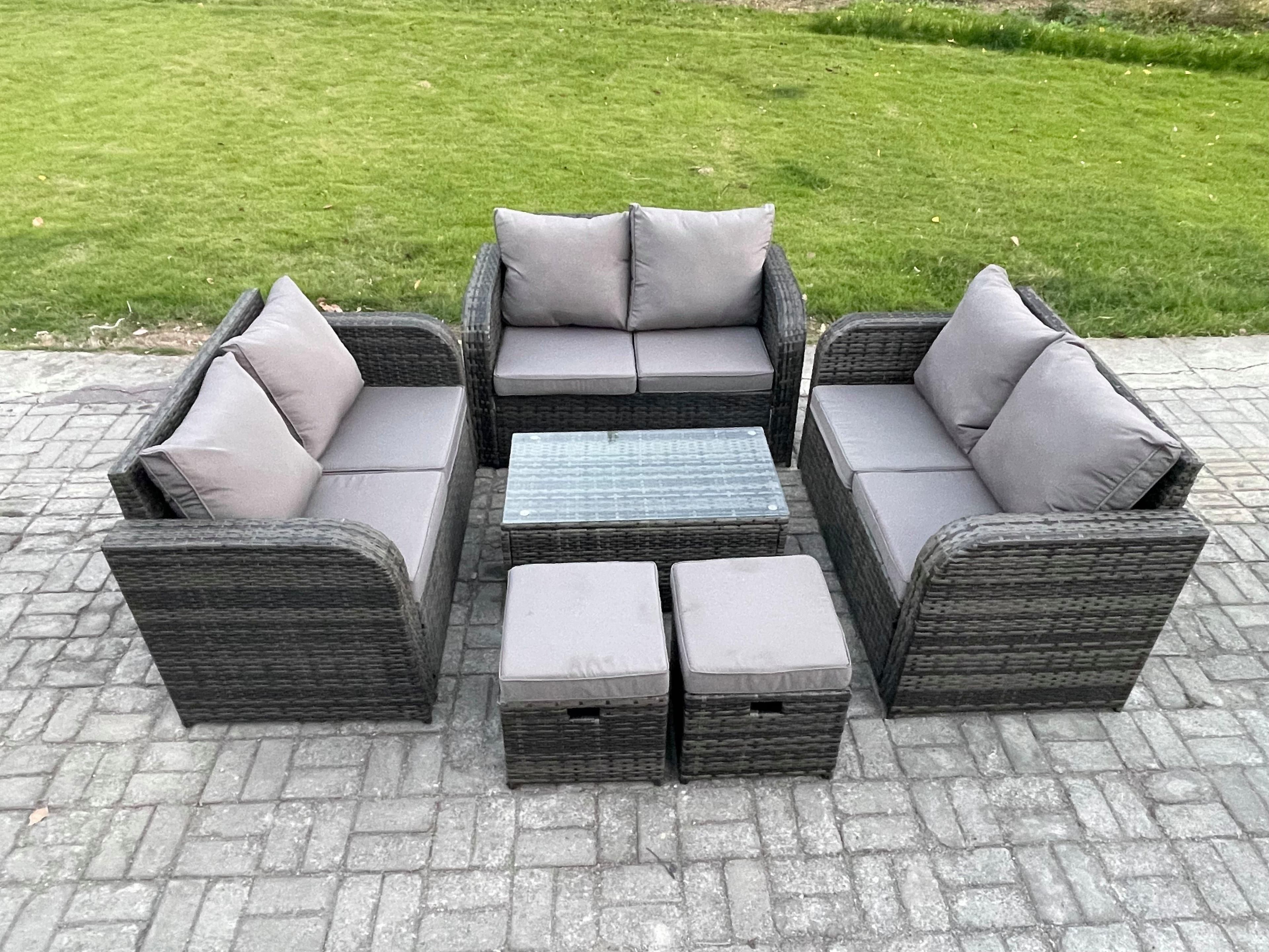 Outdoor Garden Furniture Sets 8 Seater Wicker Rattan Furniture Sofa Sets Rectangular Coffee Table Love Sofa 2 Small Footstool