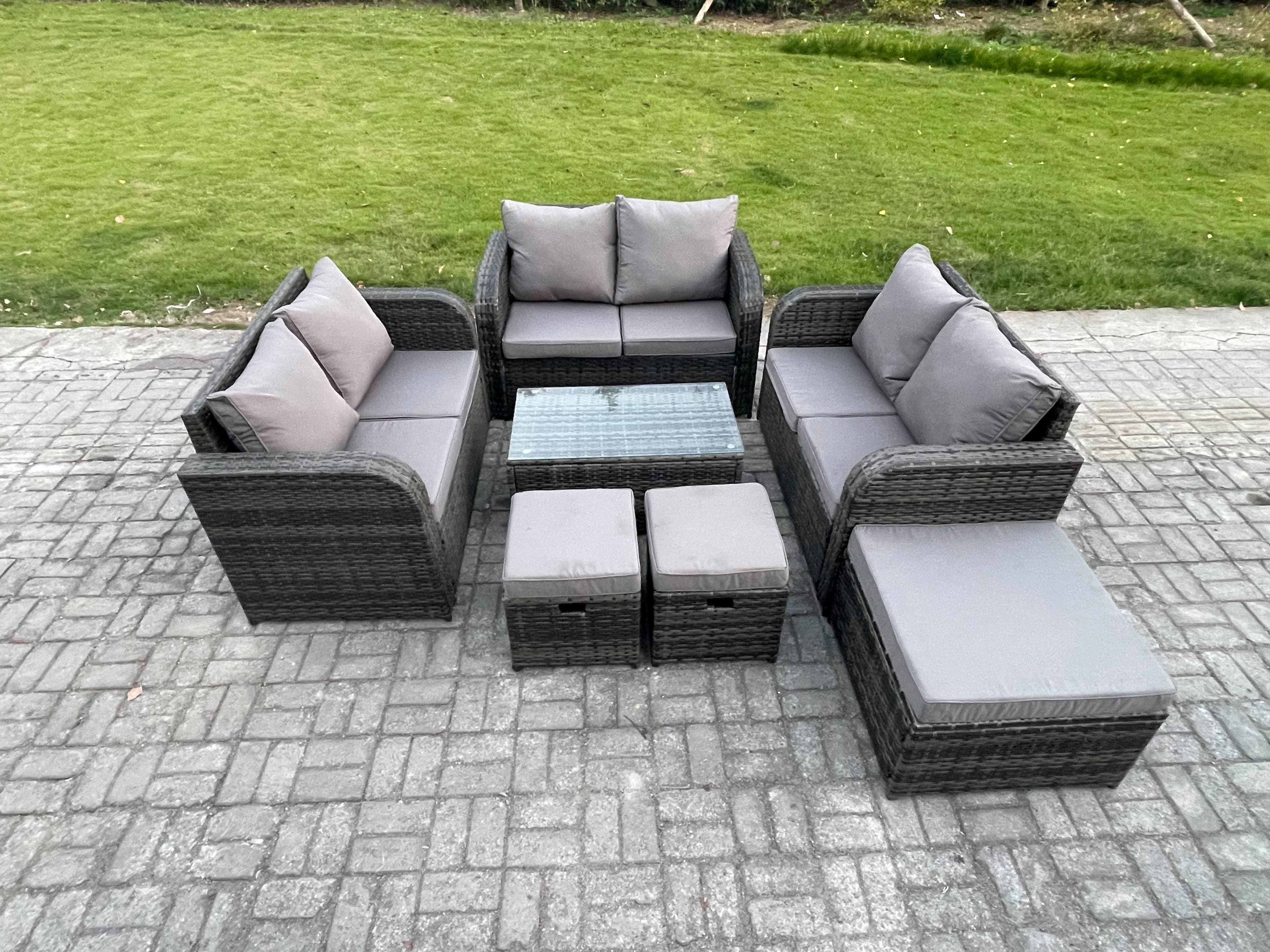 Outdoor Garden Furniture Sets 9 Seater Wicker Rattan Furniture Sofa Sets Rectangular Coffee Table Love Sofa 3 Footstools
