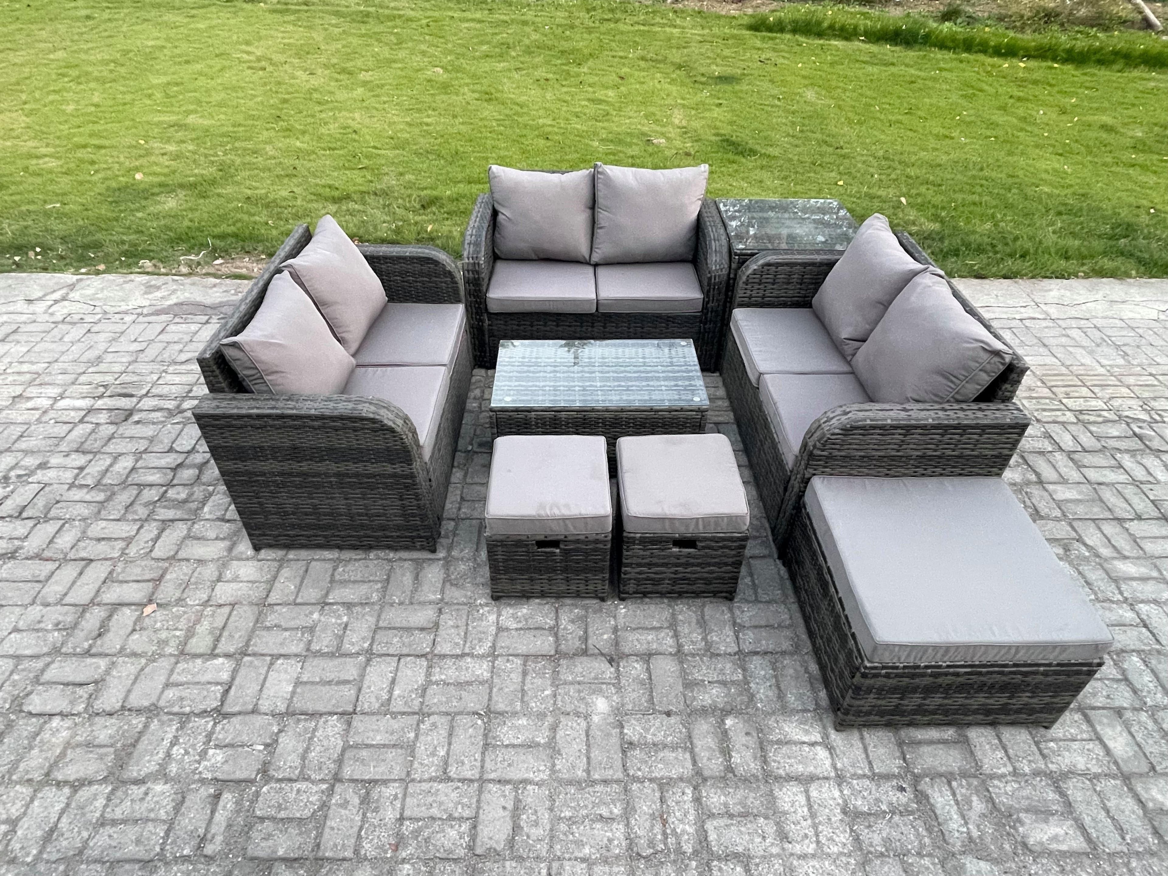 Outdoor Garden Furniture Sets 9 Seater Wicker Rattan Furniture Sofa Sets Rectangular Coffee Table Love Sofa 3 Footstools Side Table