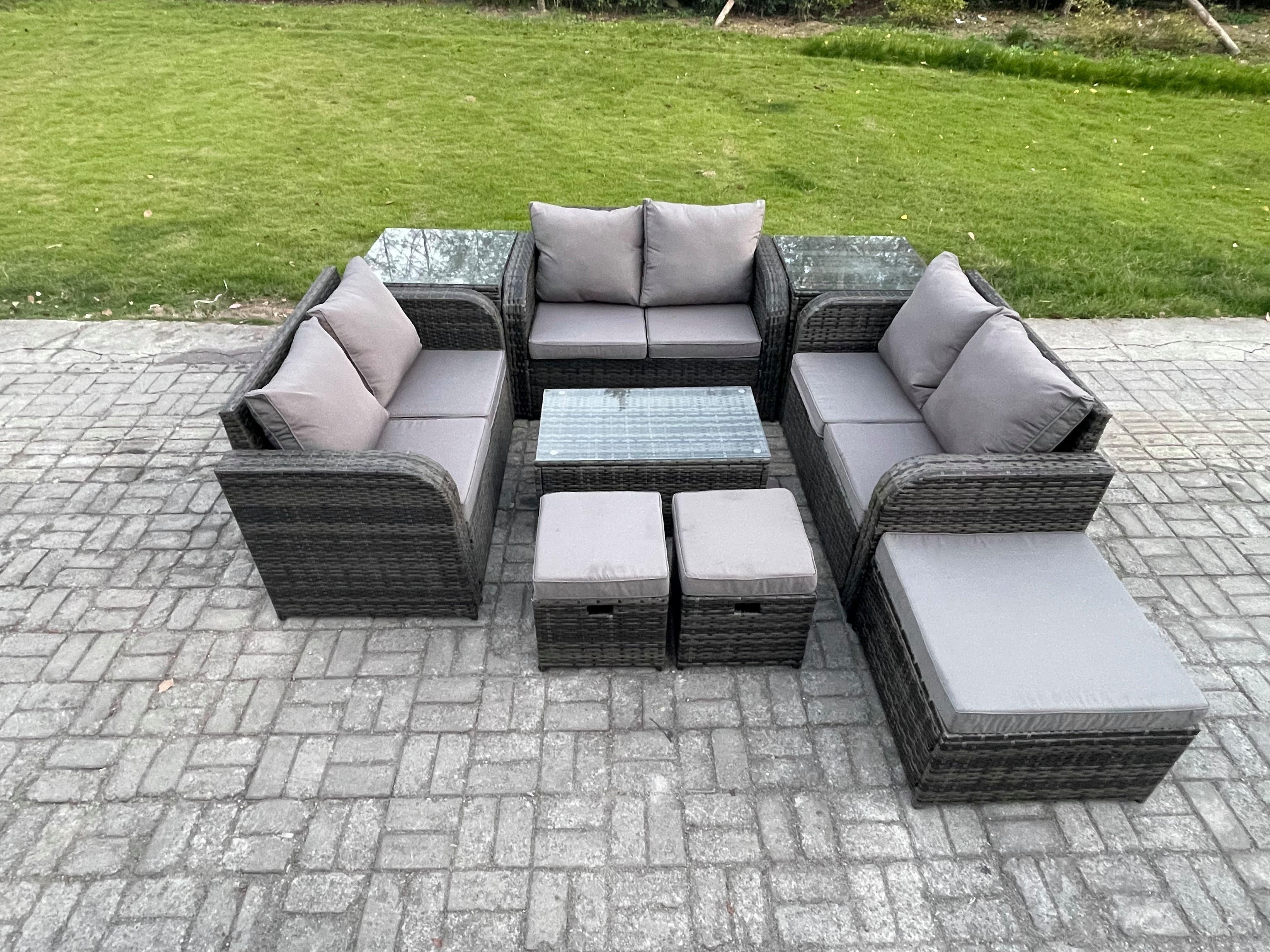 Wicker PE Rattan Garden Furniture Set Outdoor Lounge Sofa Set Love Sofa Coffee Table 2 Side Tables 3 Footstools