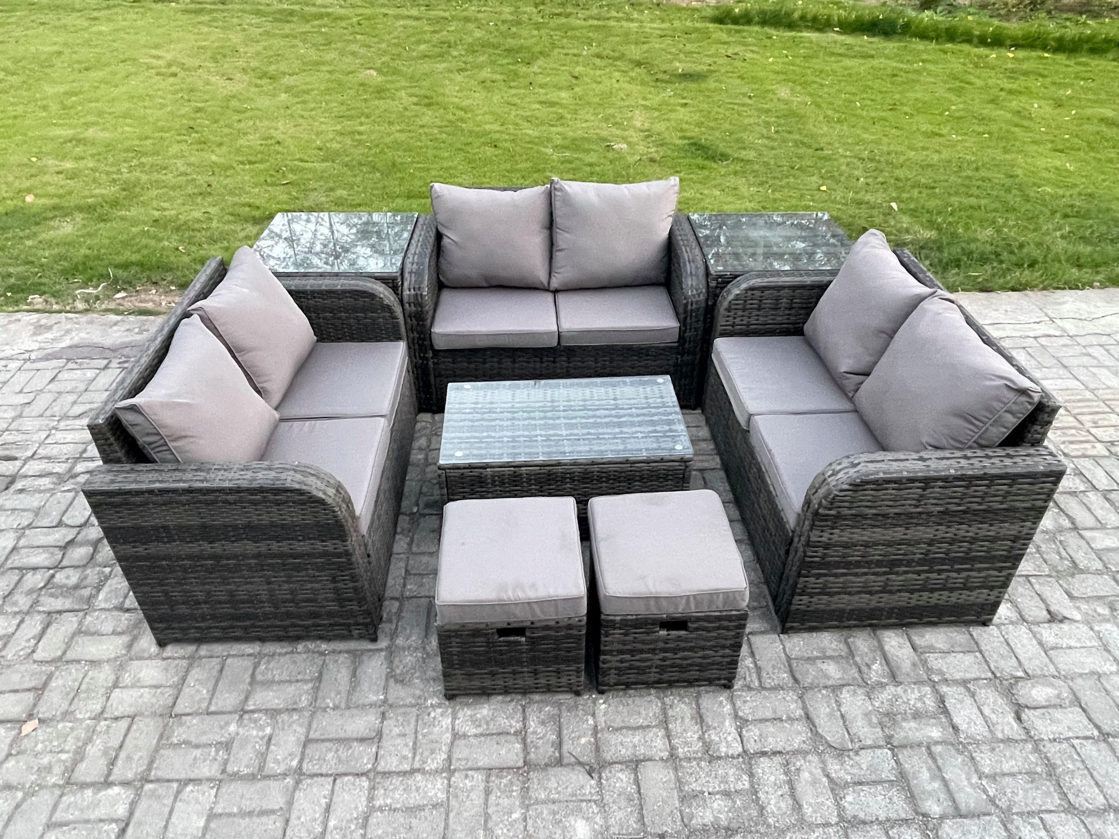 Wicker PE Rattan Garden Furniture Set 8 Seater Outdoor Lounge Sofa Set Love Sofa Coffee Table 2 Side Tables 2 Small Footstools