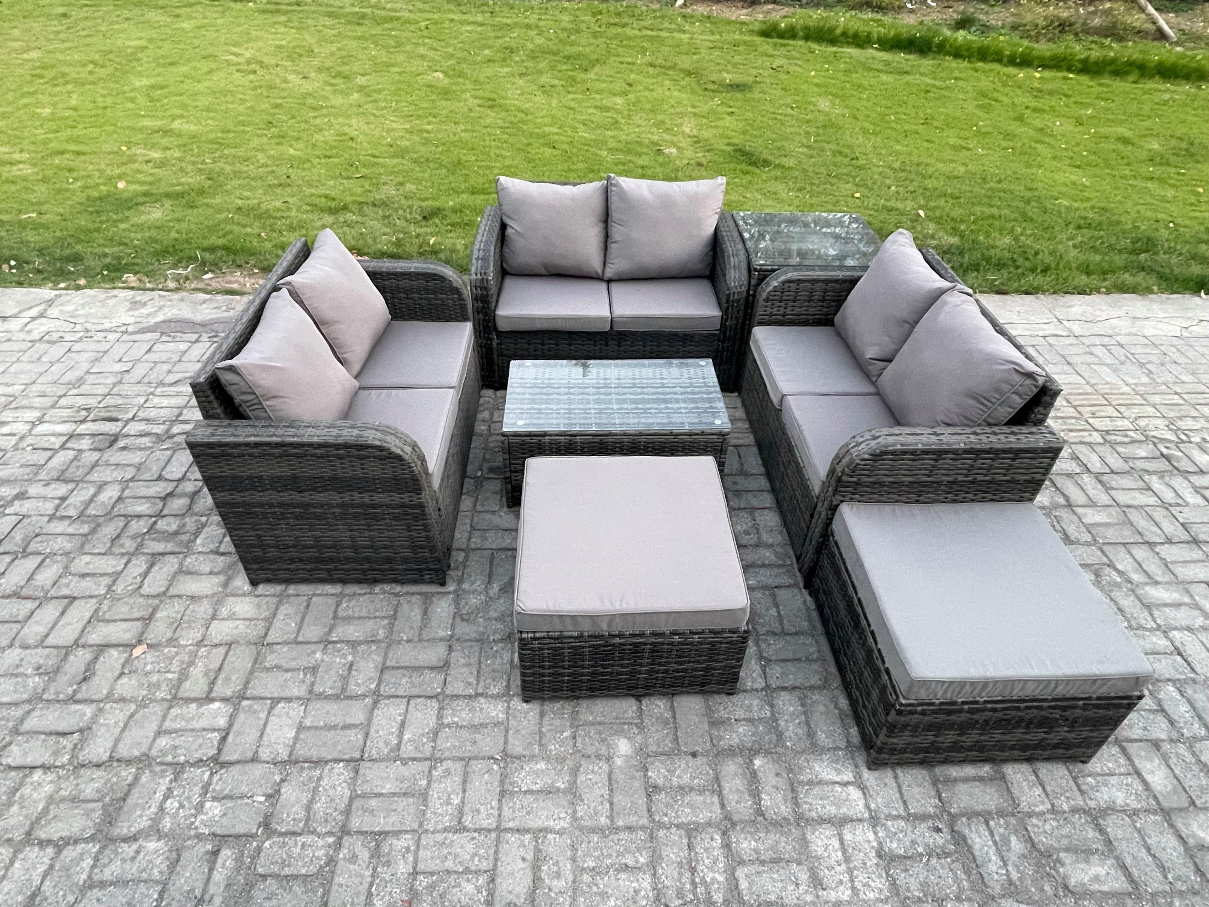 Wicker PE Rattan Garden Furniture Set 8 Seater Outdoor Lounge Sofa Set Love Sofa Coffee Table Side Table 2 Big Footstool