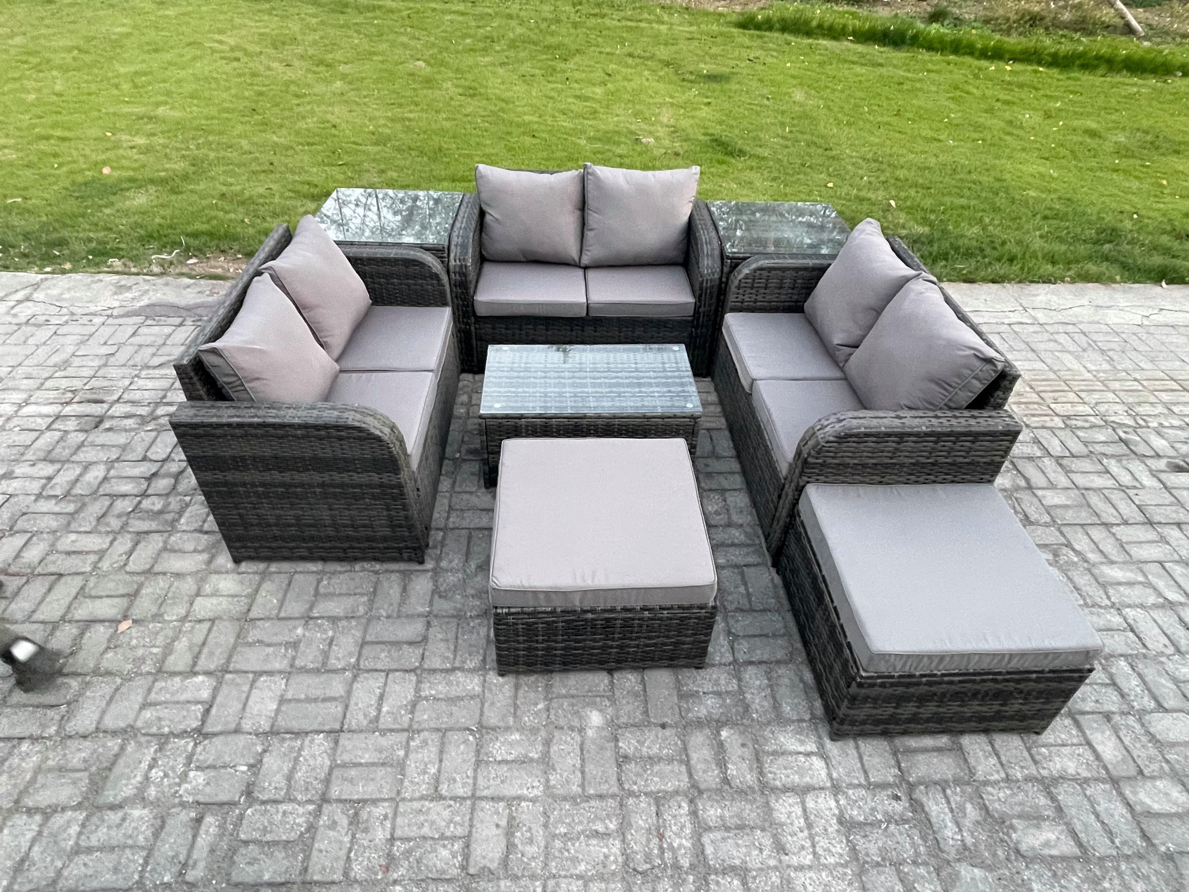 Wicker PE Rattan Garden Furniture Set 8 Seater Outdoor Lounge Sofa Set Love Sofa Coffee Table 2 Side Tables 2 Big Footstool