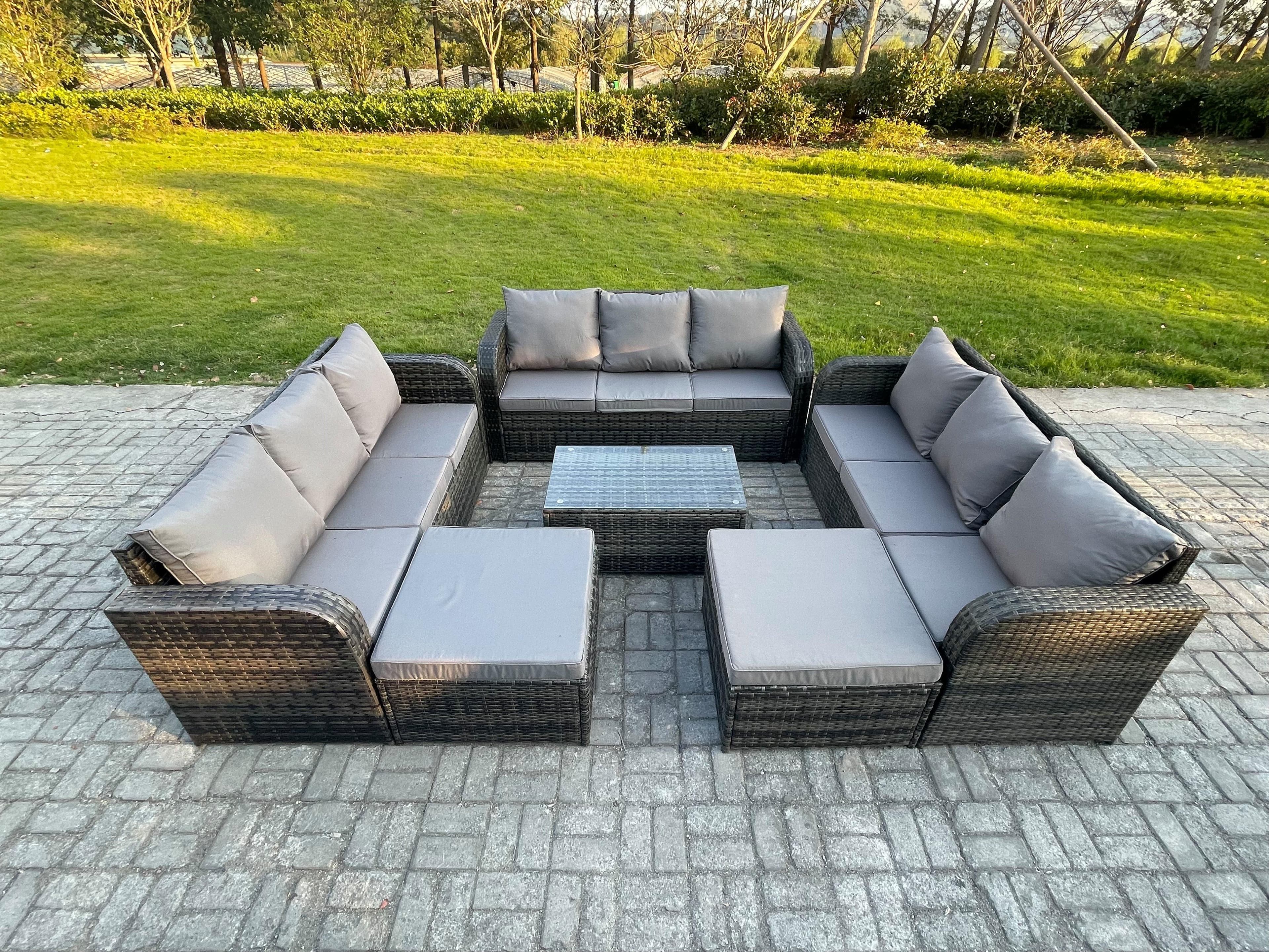 Wicker PE Rattan Garden Furniture Set 11 Seater Outdoor Lounge Sofa Set Coffee Table 2 Big Footstool Dark Grey Mixed