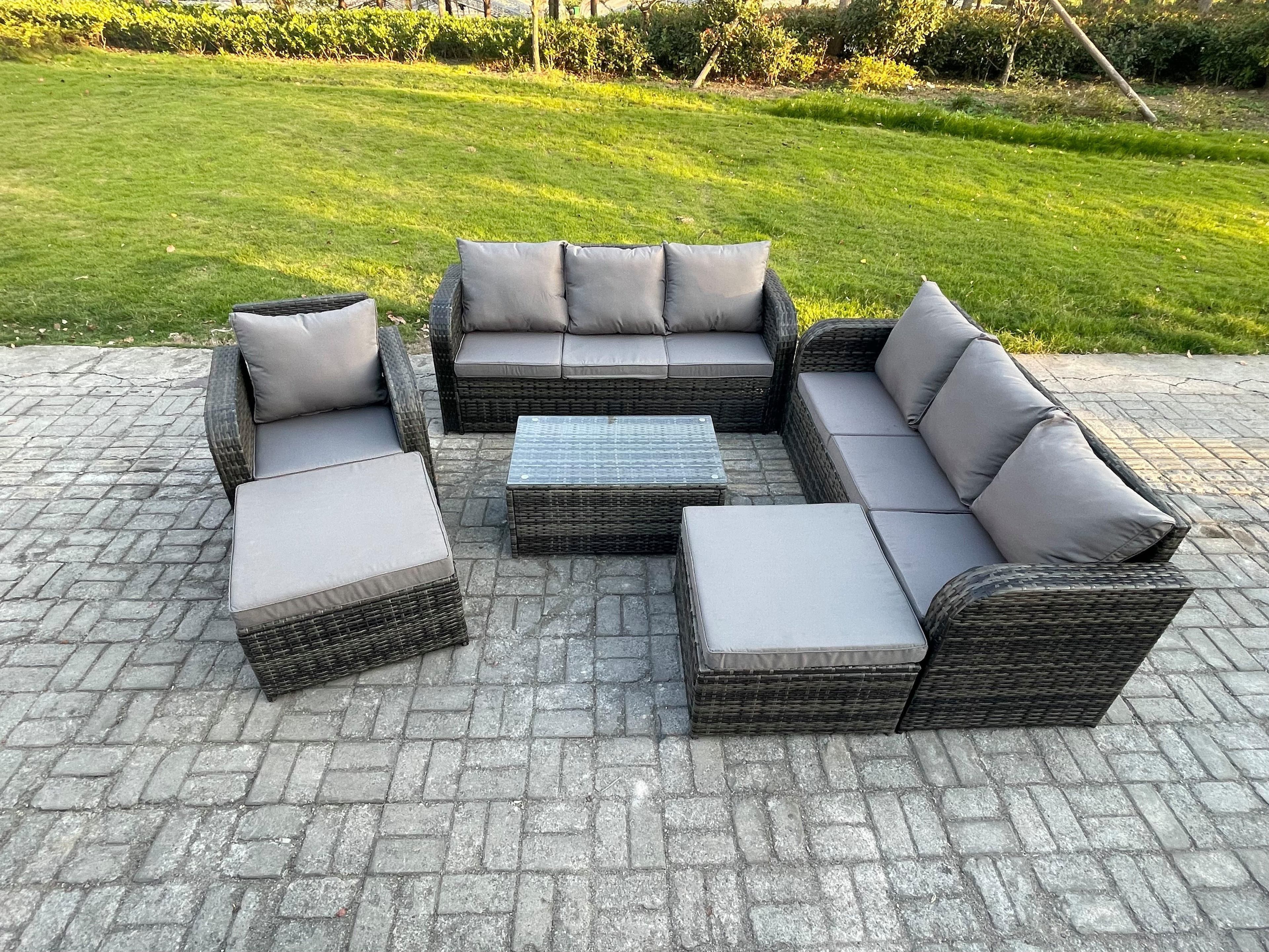 Wicker PE Rattan Garden Furniture Set 9 Seater Outdoor Lounge Sofa Set Coffee Table 2 Big Footstool Dark Grey Mixed