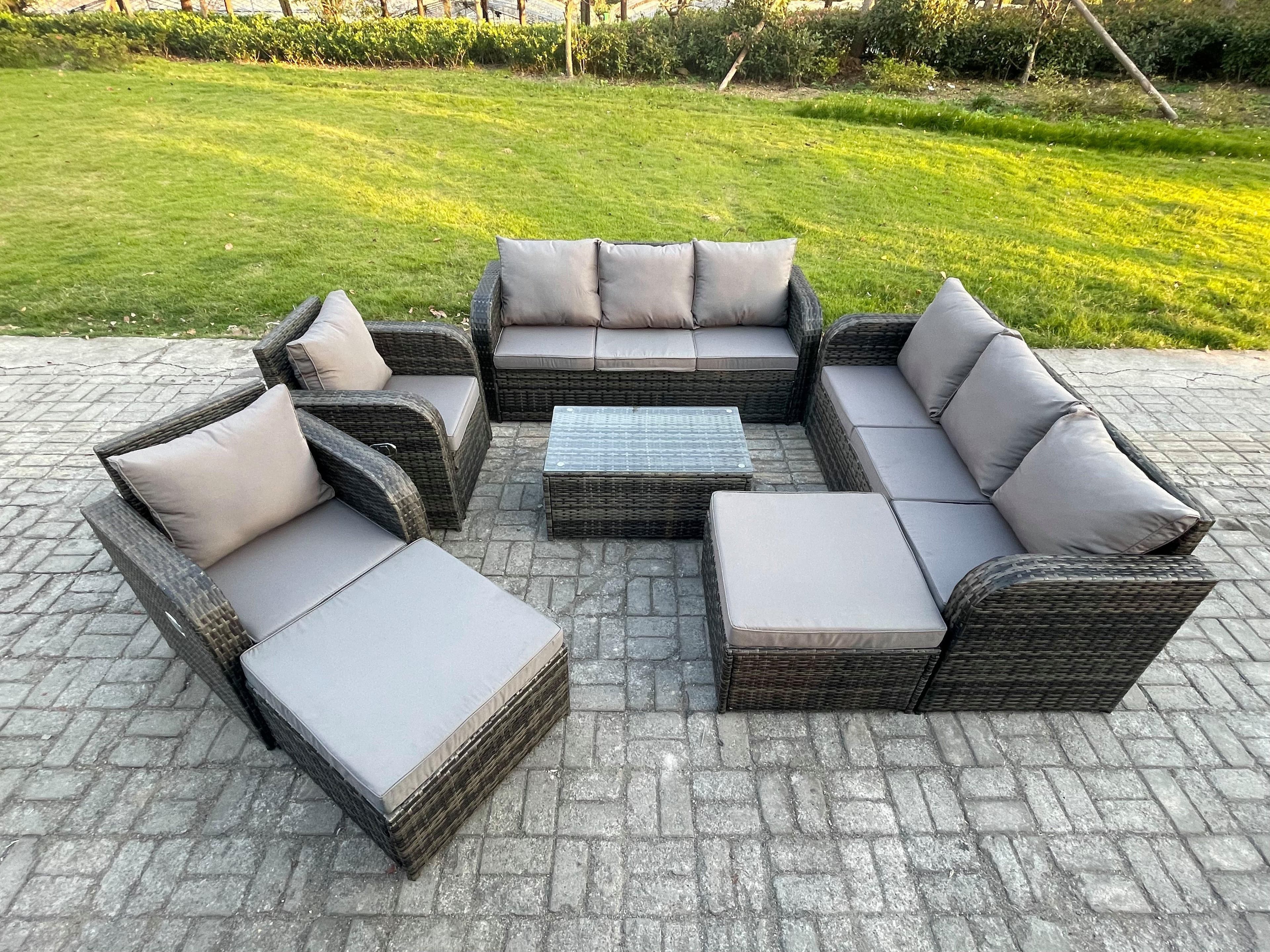 Wicker PE Rattan Garden Furniture Set 10 Seater Outdoor Lounge Sofa Set Coffee Table 2 Big Footstool Dark Grey Mixed