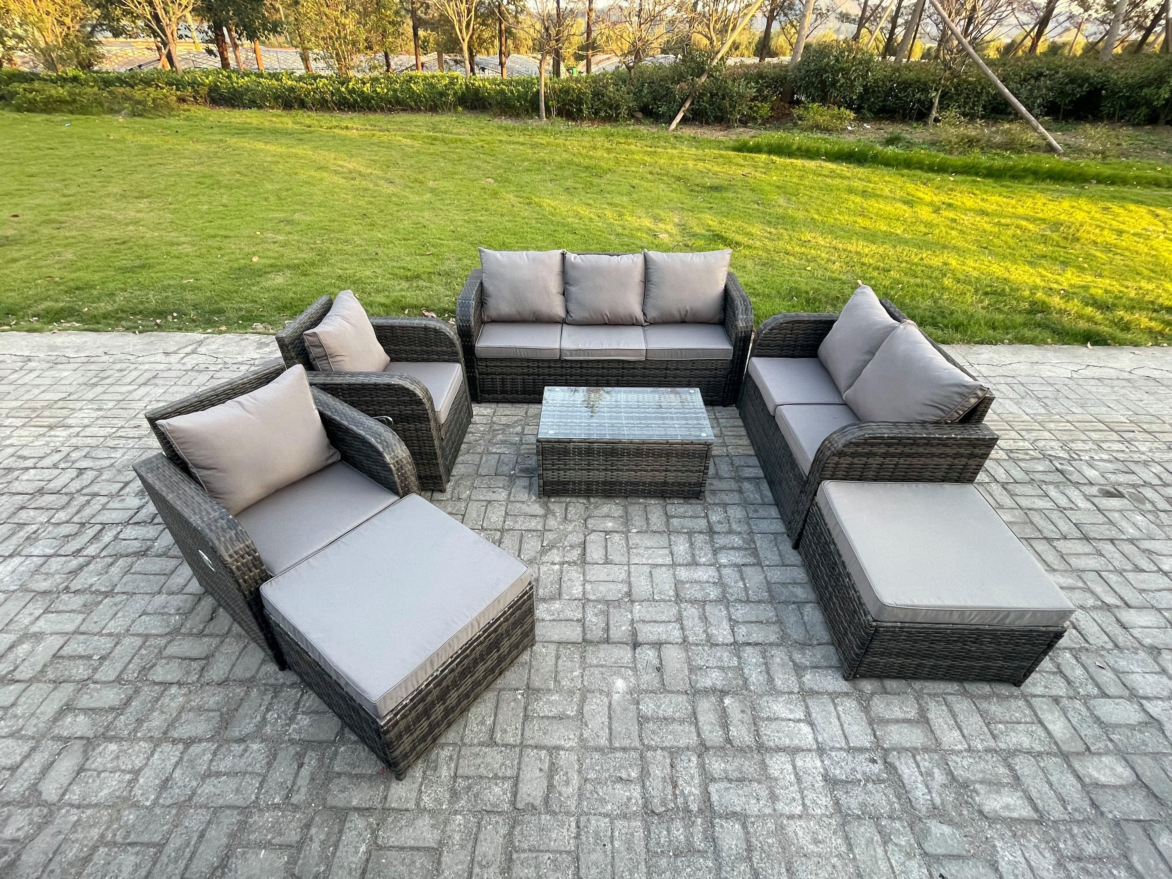 Wicker PE Rattan Garden Furniture Set 9 Seater Outdoor Lounge Sofa Set Love Sofa Coffee Table 2 Big Footstool Dark Grey Mixed