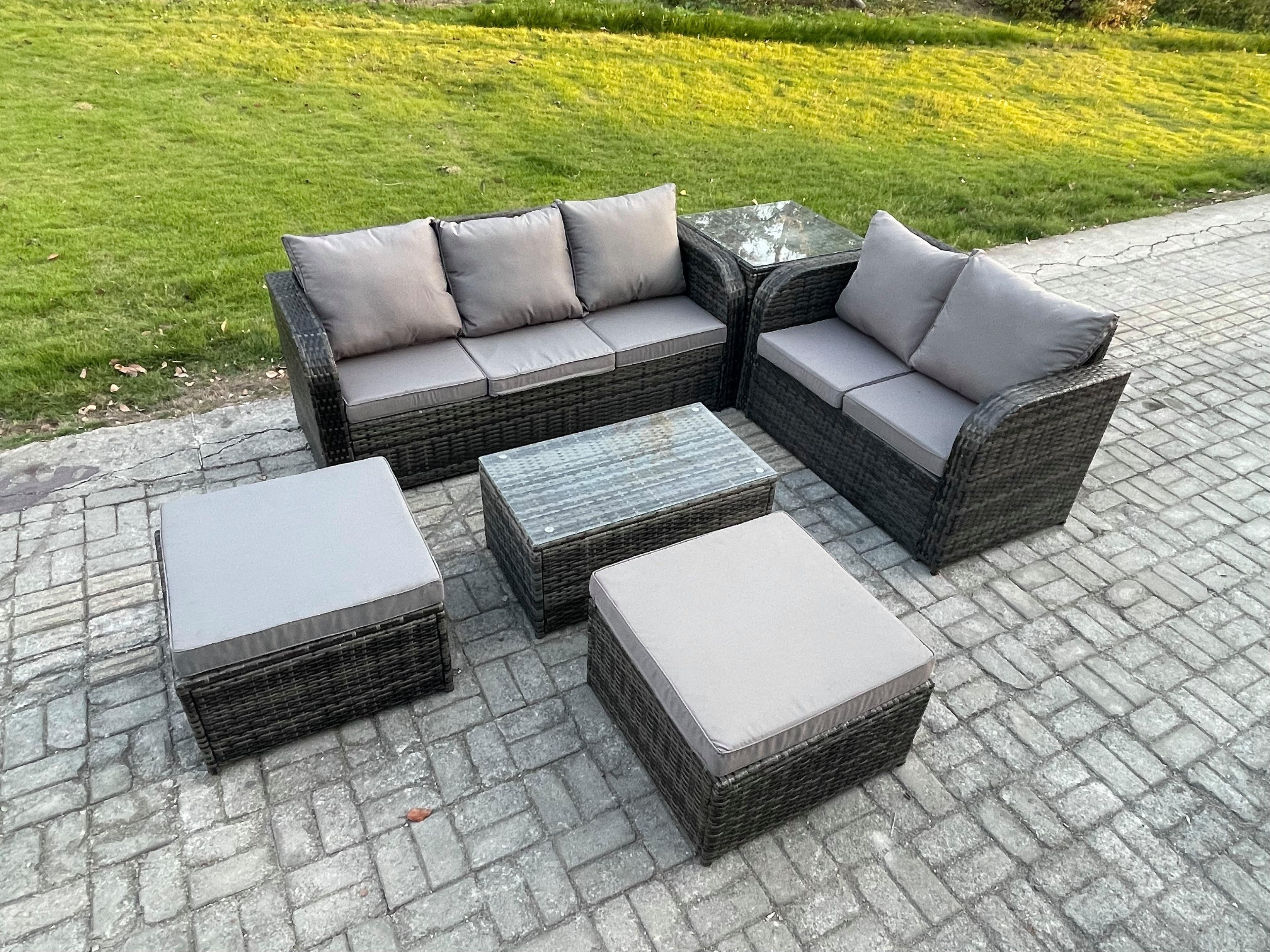 Wicker PE Rattan Garden Furniture Set 7 Seater Outdoor Lounge Sofa Set Love Sofa Coffee Table 2 Big Footstool Side Table Dark Grey Mixed
