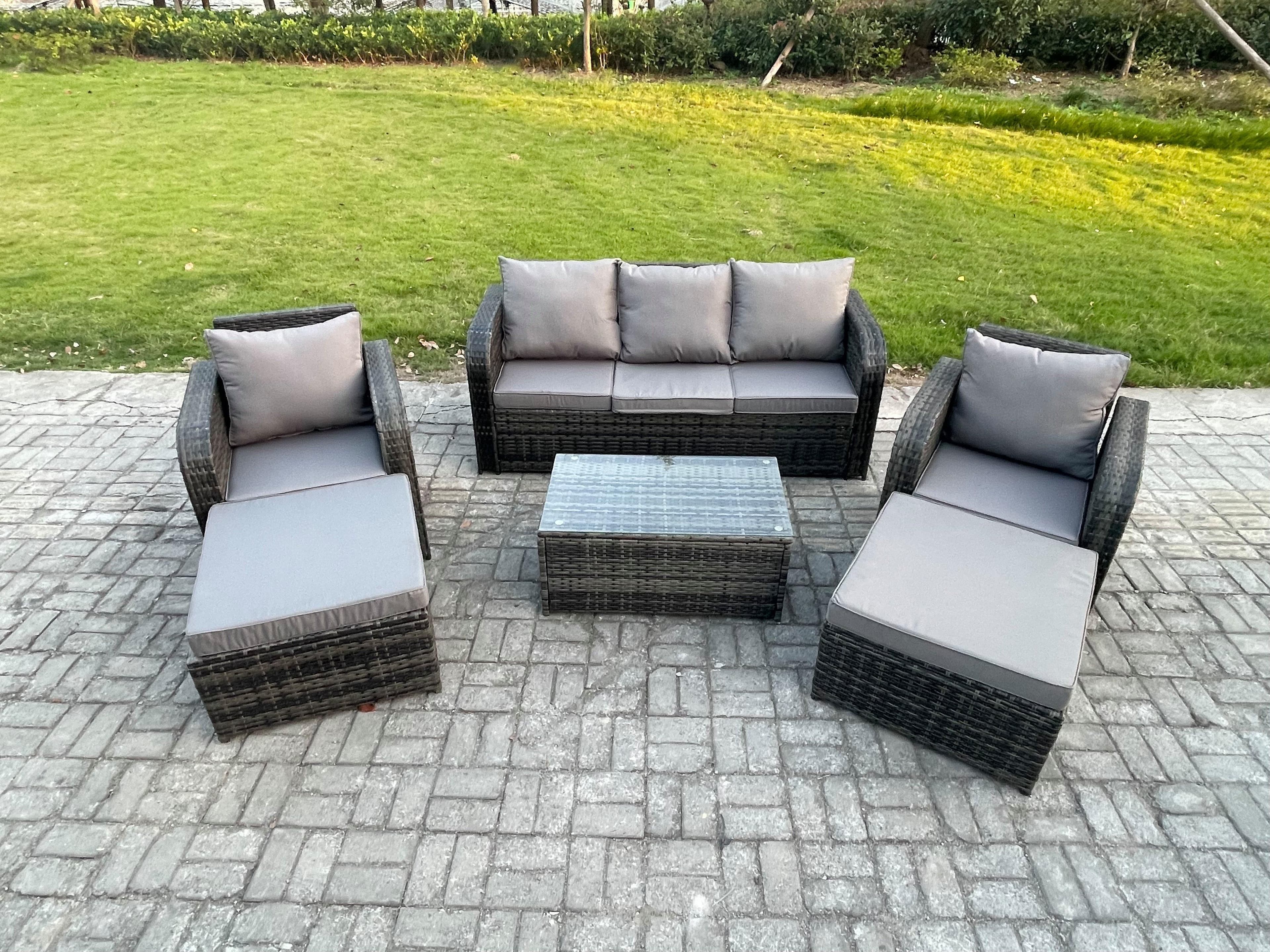 Wicker PE Rattan Garden Furniture Set 7 Seater Outdoor Lounge Sofa Set Coffee Table 2 Big Footstool Dark Grey Mixed