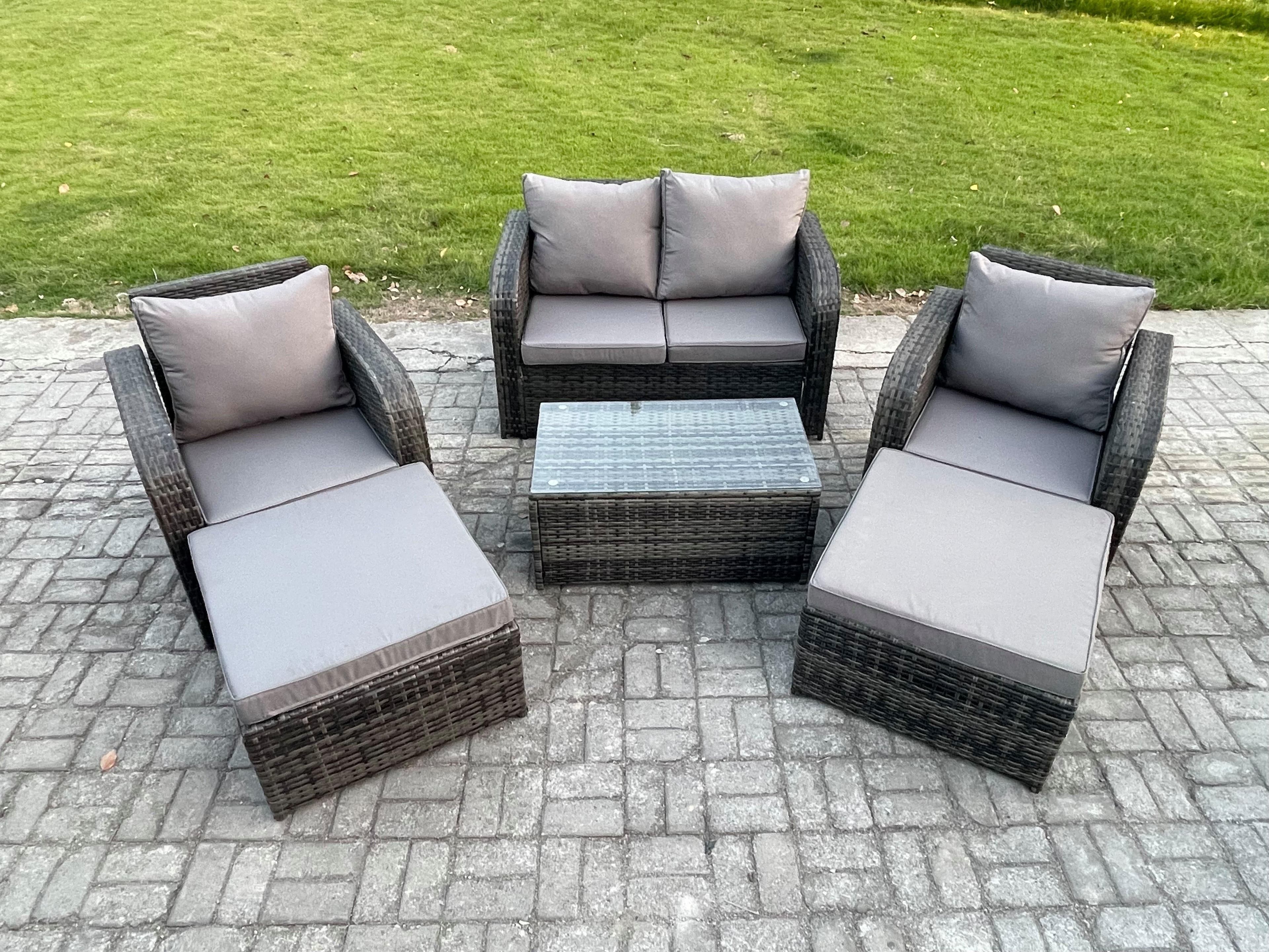6 Seater Garden Furniture Set Rattan Outdoor Lounge Sofa Chair Tempered Glass Table 2 Big Footstool Dark Grey Mixed