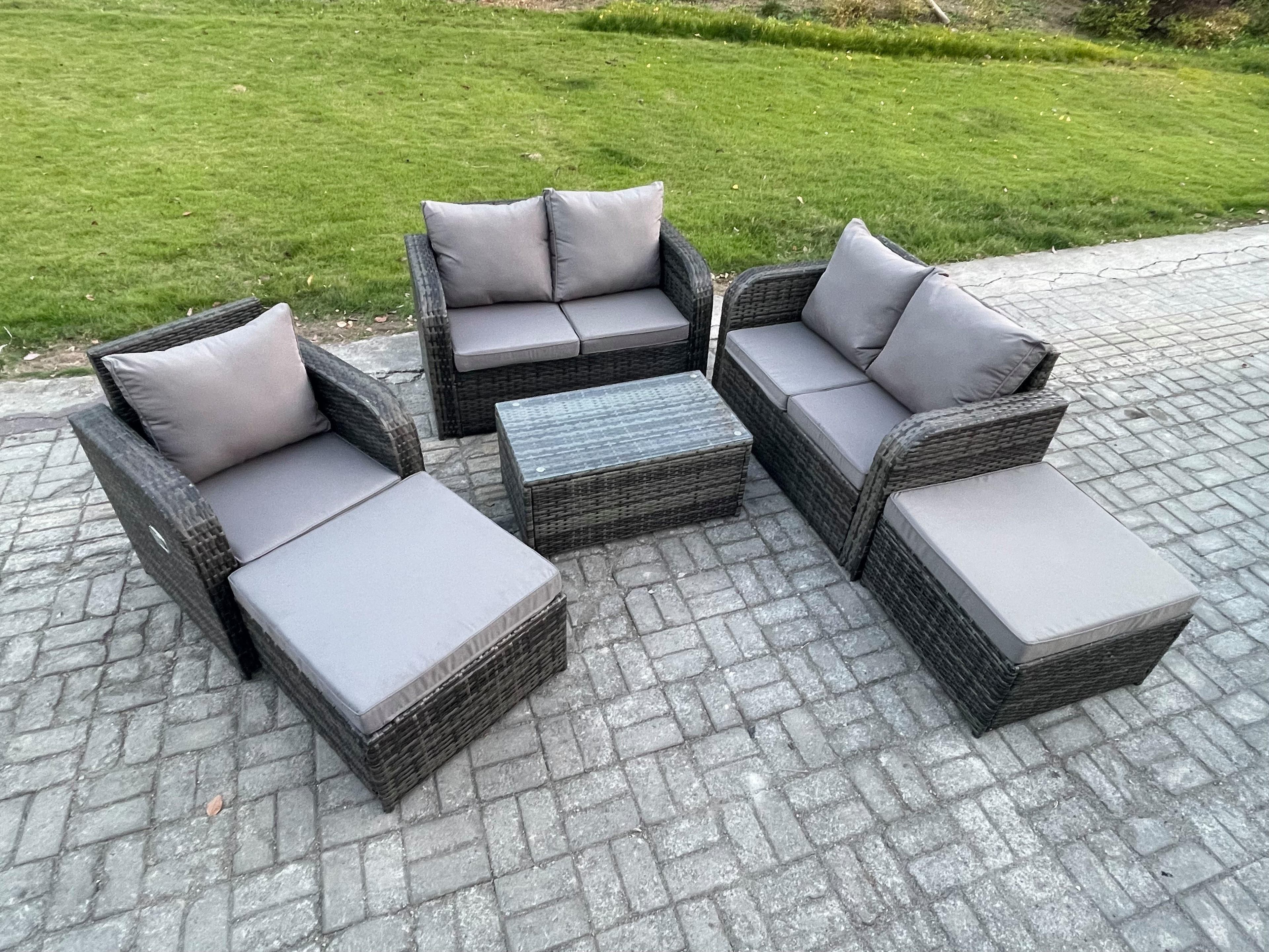 7 Seater Garden Furniture Set Rattan Outdoor Lounge Sofa Chair Tempered Glass Table 2 Big Footstool Dark Grey Mixed