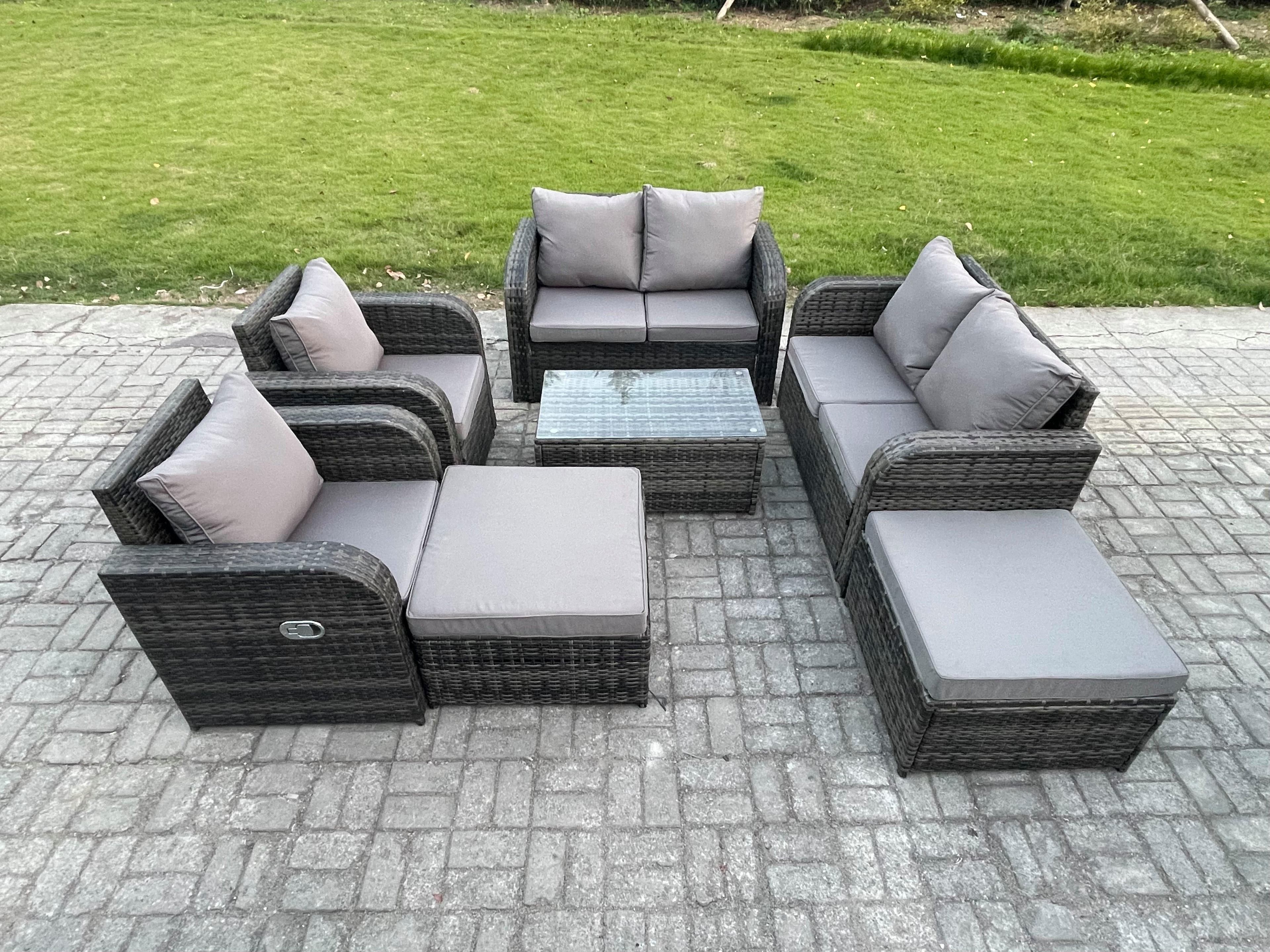 8 Seater Garden Furniture Set Rattan Outdoor Lounge Sofa Chair Tempered Glass Table 2 Big Footstool Dark Grey Mixed