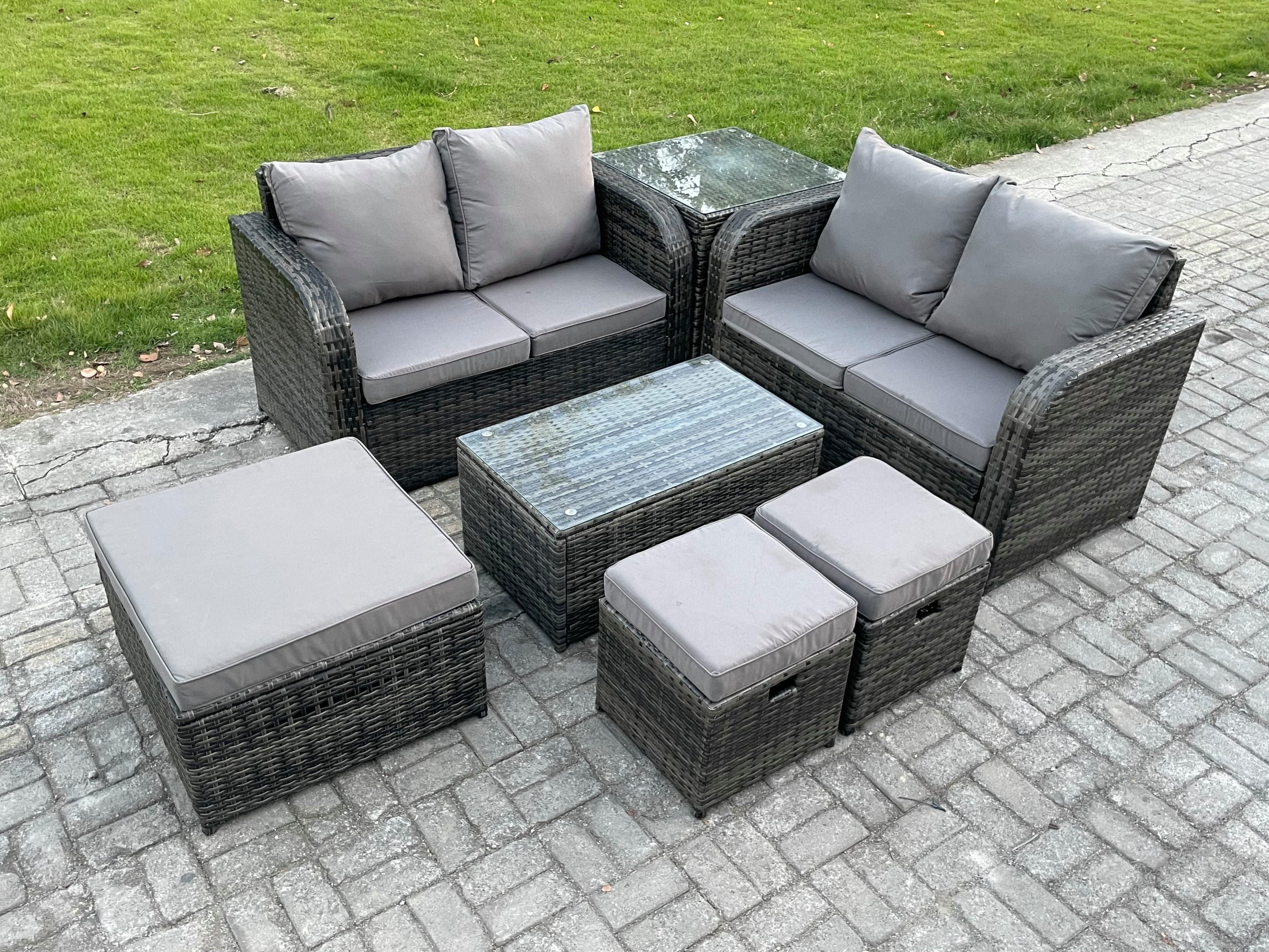 7 Seater Garden Furniture Set Rattan Outdoor Lounge Sofa Chair Tempered Glass Table 3 Footstools Side Table Dark Grey Mixed