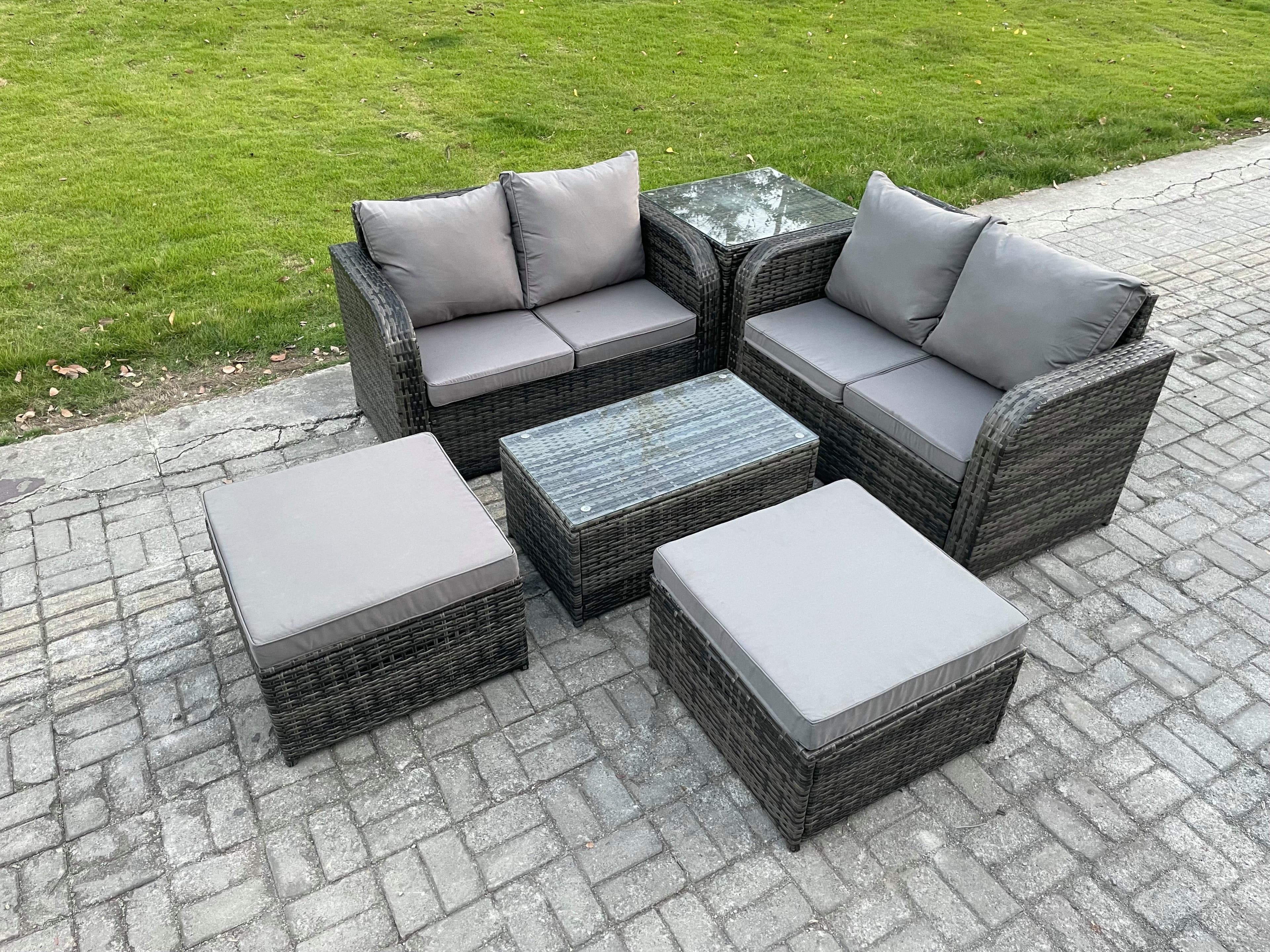 6 Seater Garden Furniture Set Rattan Outdoor Lounge Sofa Chair Tempered Glass Table 32 Big Footstools Side Table Dark Grey Mixed
