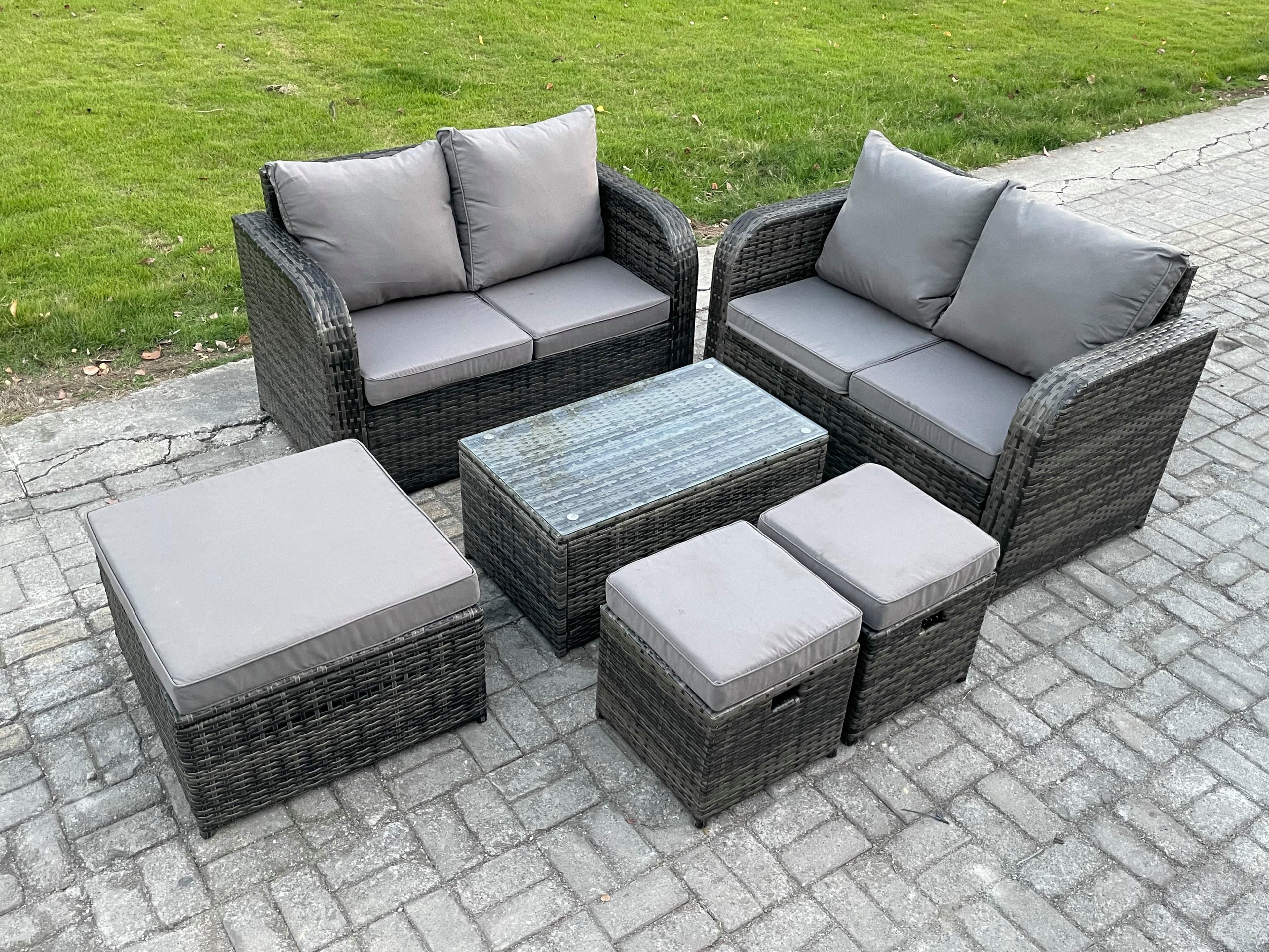 7 Seater Garden Furniture Set Rattan Outdoor Lounge Sofa Chair Tempered Glass Table 3 Footstools Dark Grey Mixed