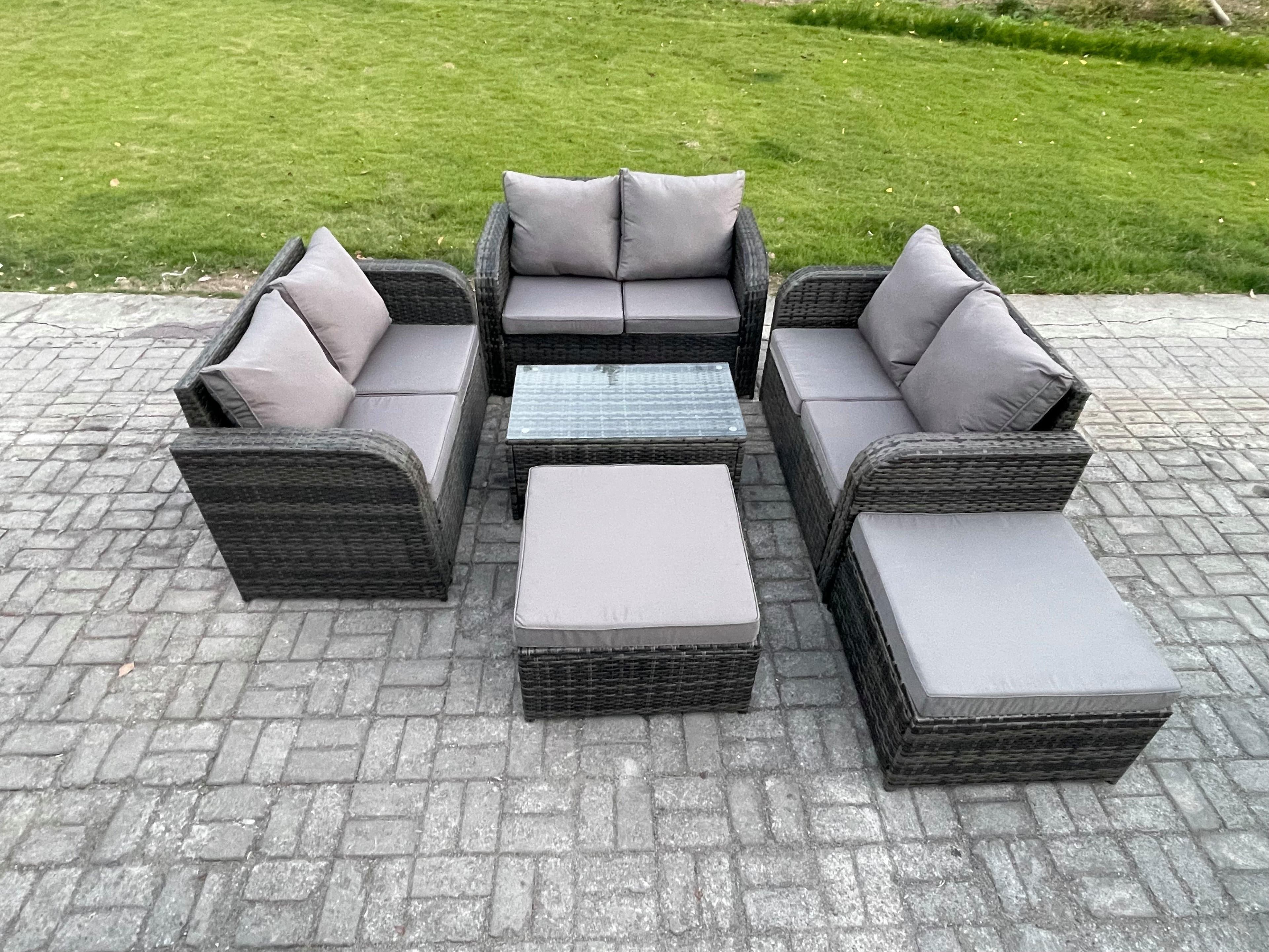 8 Seater Garden Furniture Set Rattan Lounge Sofa Chair Tempered Glass Table Big Footstool Dark Grey Mixed