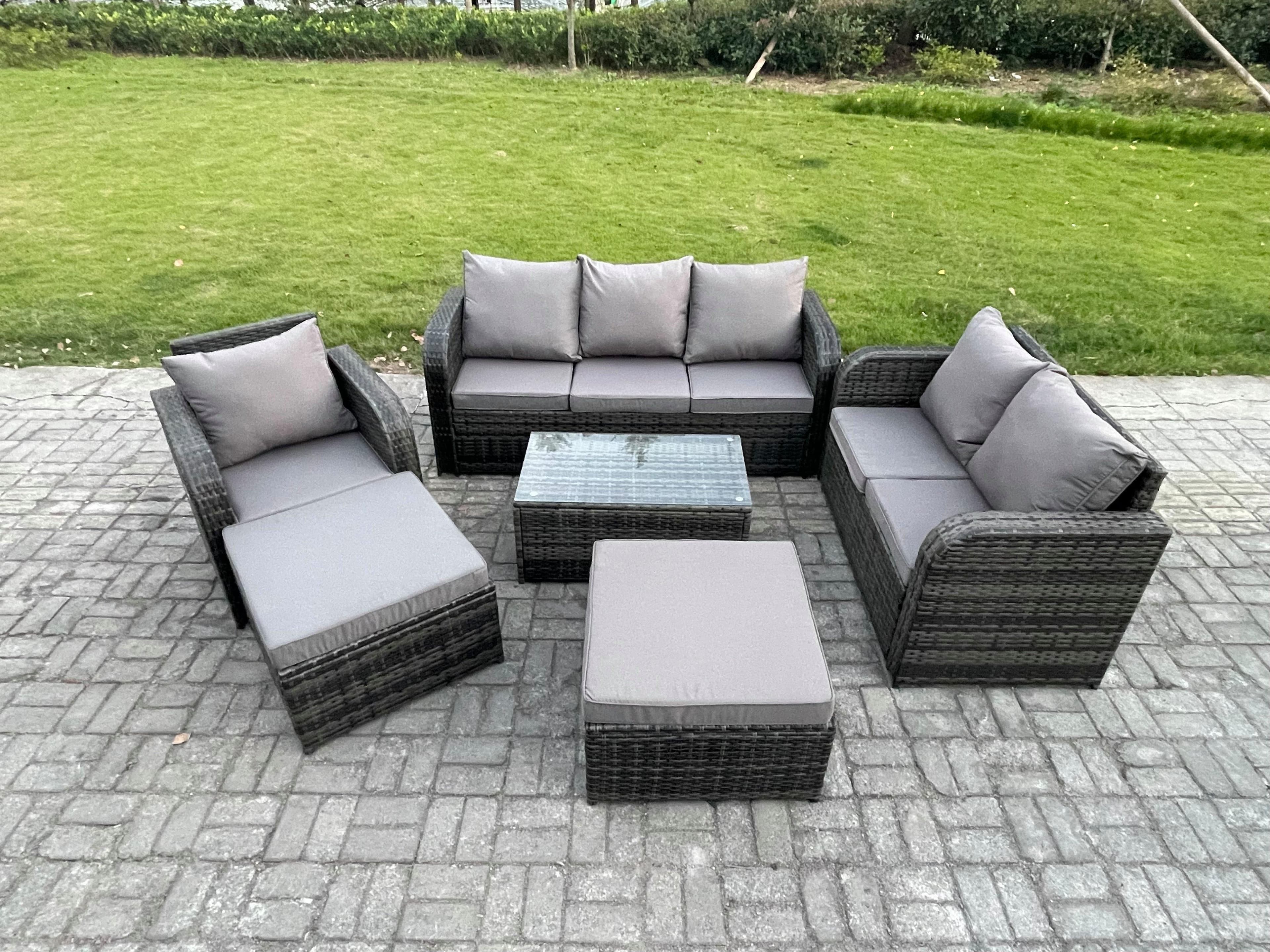 8 Seater Garden Furniture Set Rattan Outdoor Lounge Sofa Chair Tempered Glass Table Footstool Dark Grey Mixed