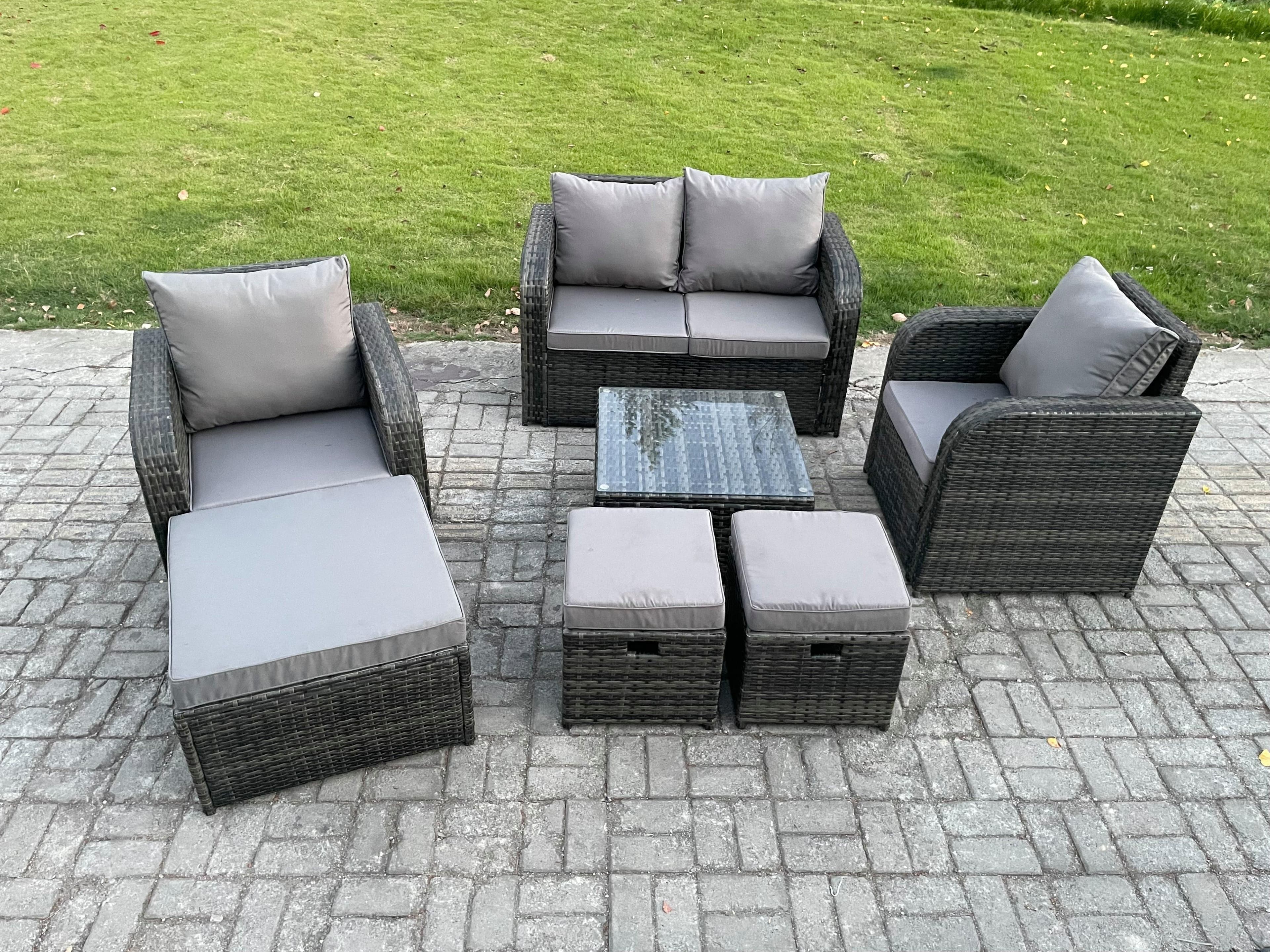 Rattan Garden Furniture Set Patio Conservatory Indoor Outdoor 7 Piece Set Love Sofa Coffee Table Footstools