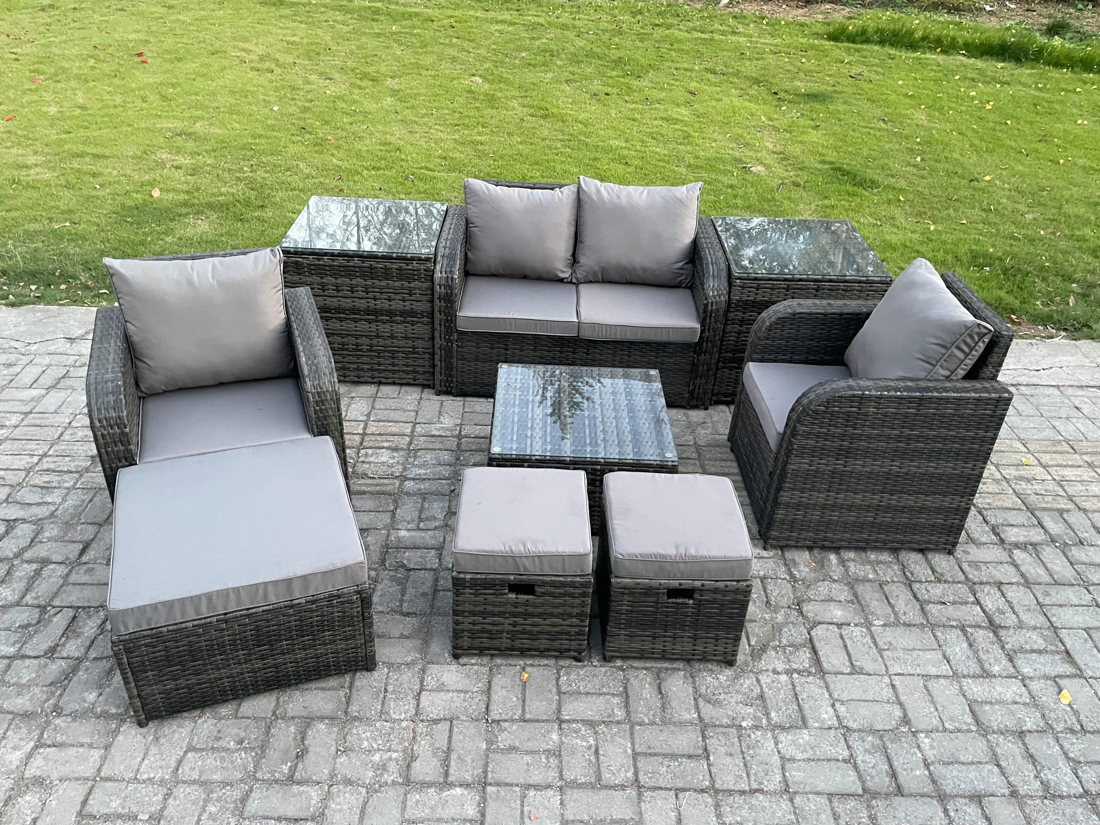 Rattan Garden Furniture Set Patio Conservatory Indoor Outdoor 9 Piece Set Love Sofa Square Coffee Table