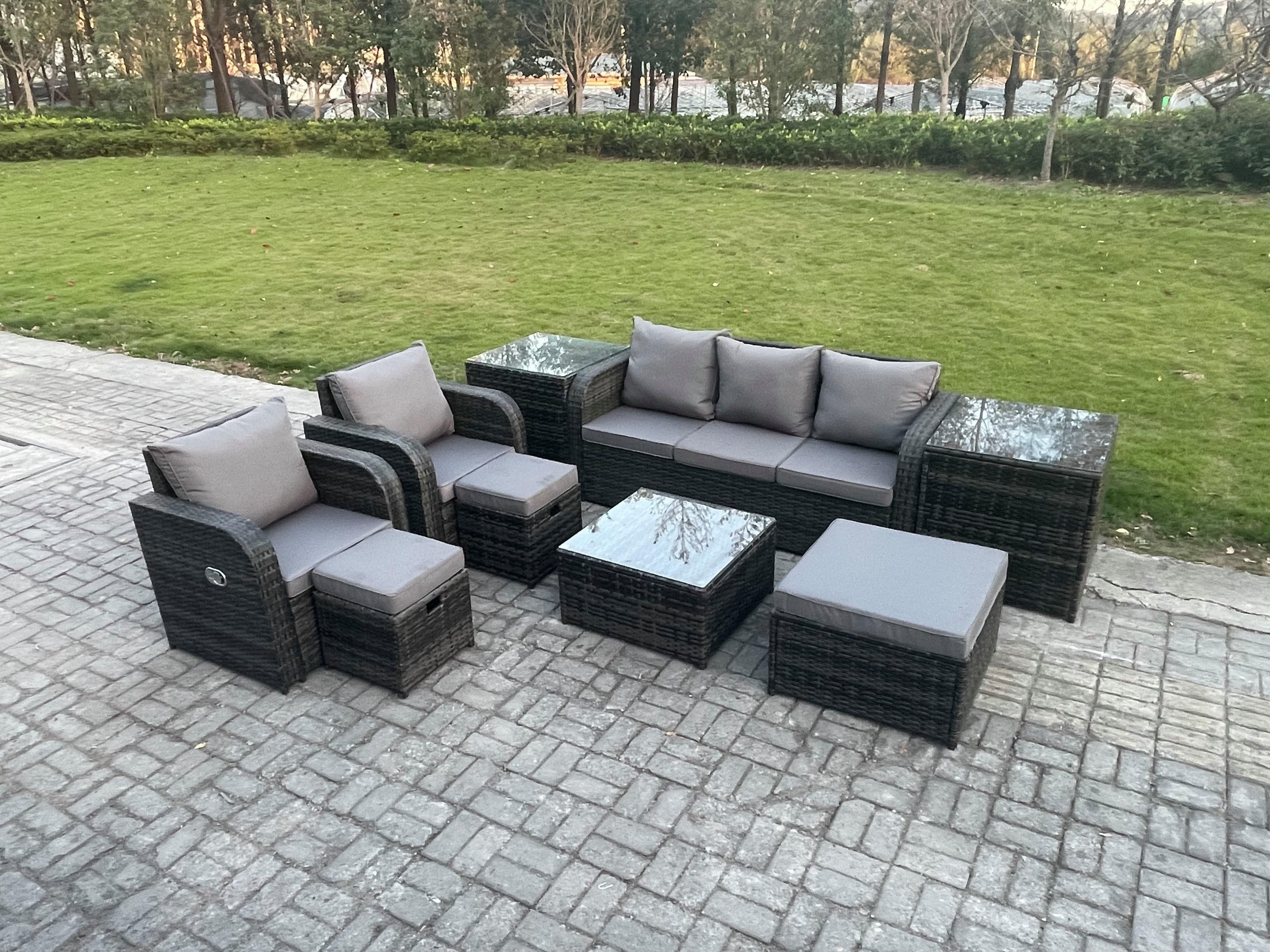 Patio Garden Furniture Sets Wicker 8 Seater Outdoor Rattan Furniture Sofa Sets 2 Side Tables 3 Footstools