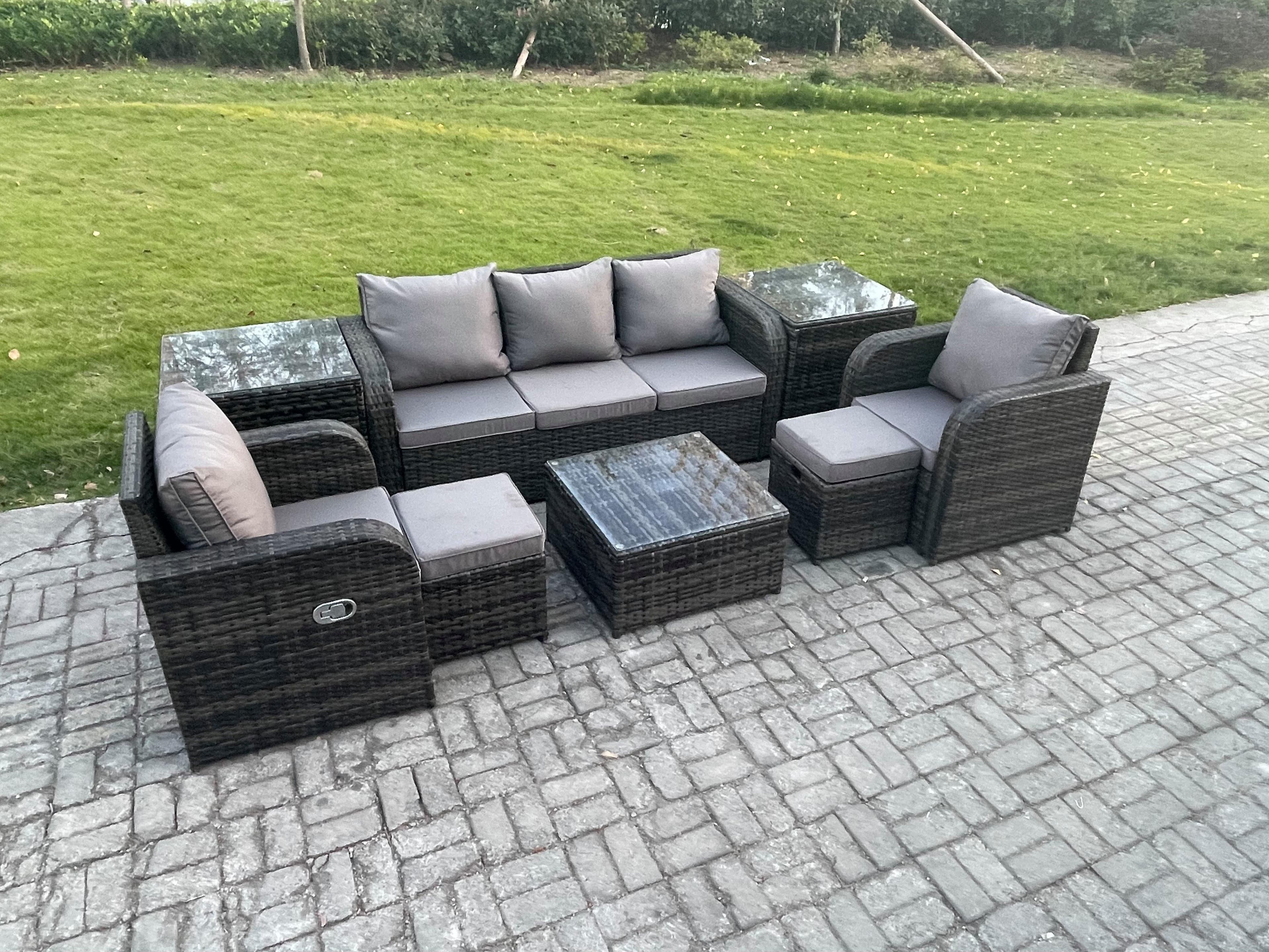 Patio Garden Furniture Sets Wicker 7 Seater Outdoor Rattan Furniture Sofa Sets Square Coffee Table 2 Side Tables