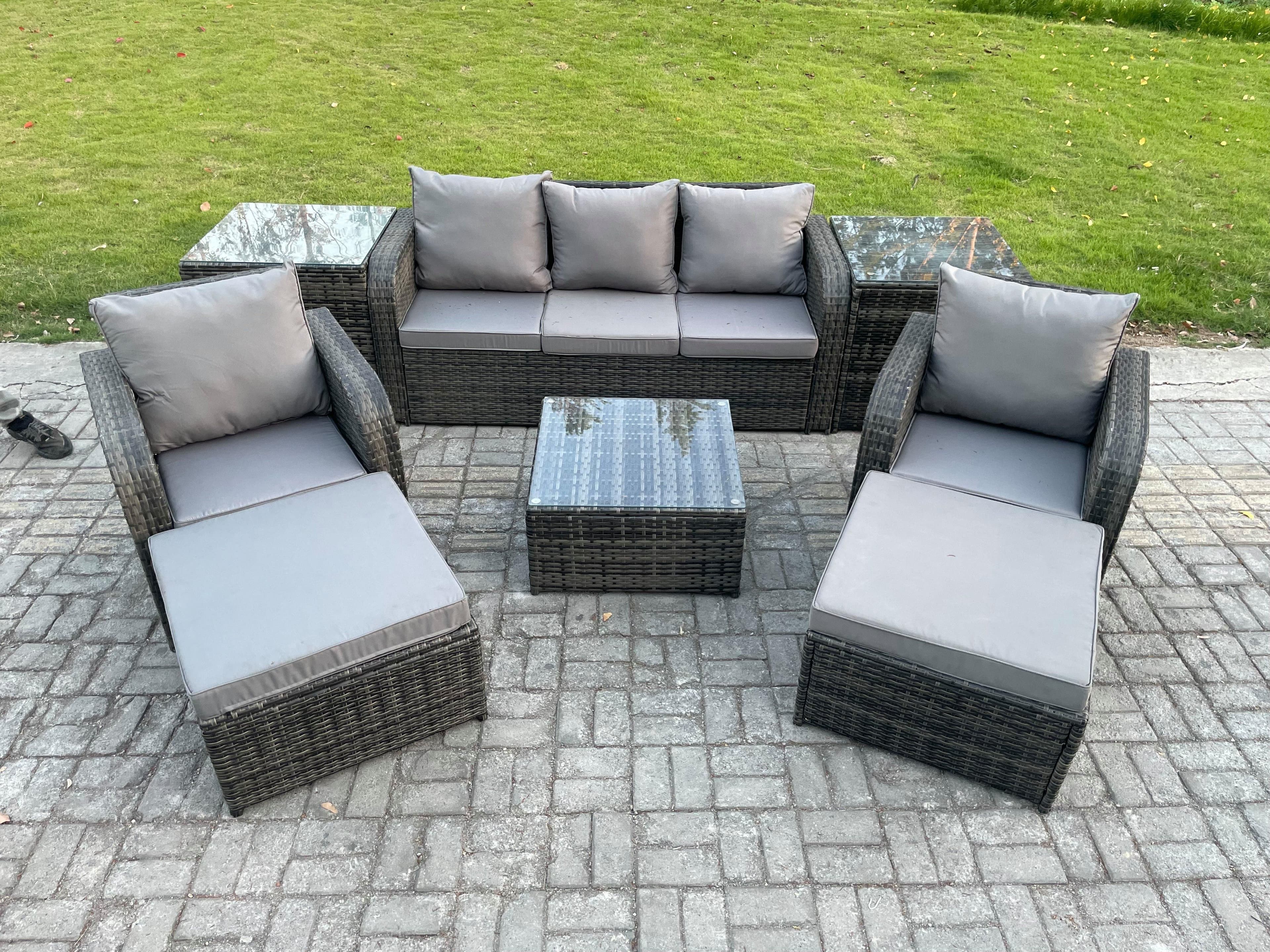 Patio Garden Furniture Sets Wicker 7 Seater Outdoor Rattan Furniture Sofa Sets Square Coffee Table 2 Side Tables