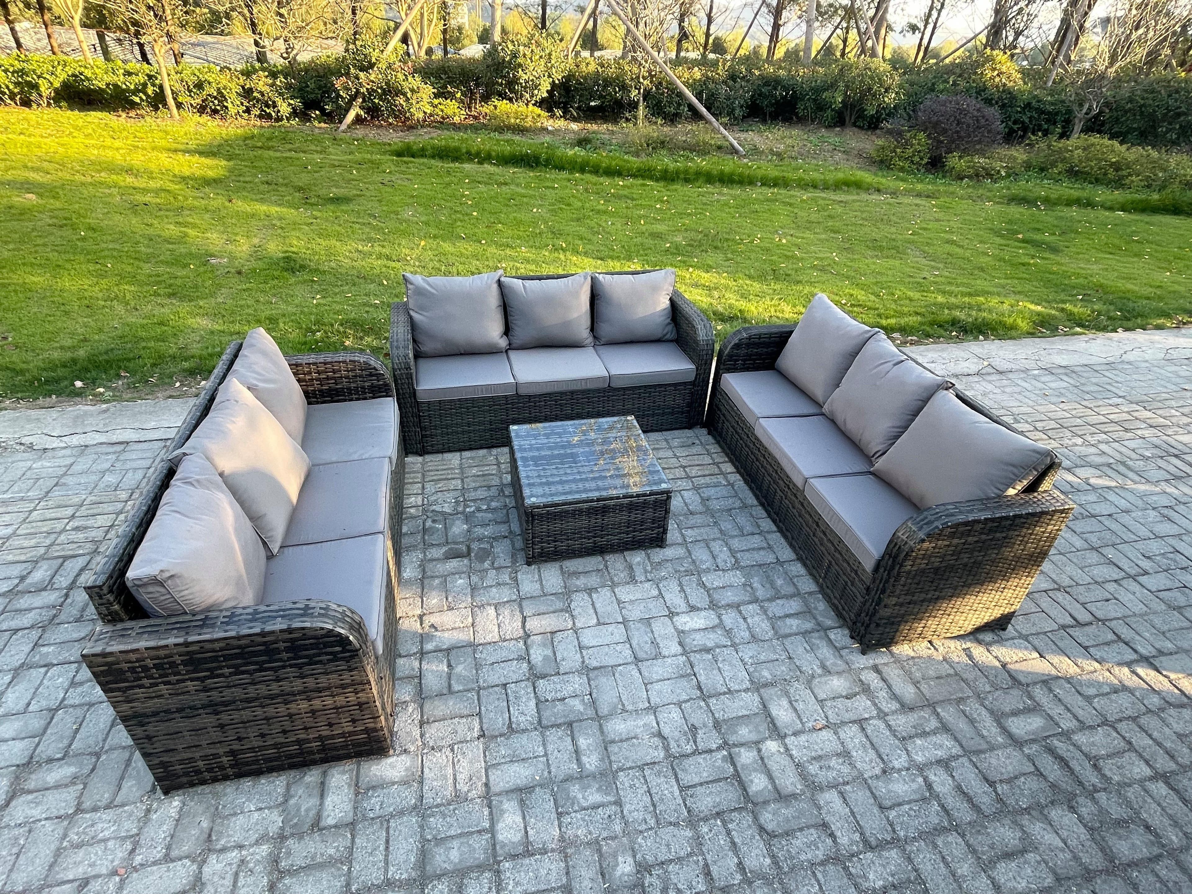 Patio Garden Furniture Sets Wicker 9 Seater Outdoor Rattan Furniture Sofa Sets Square Coffee Table
