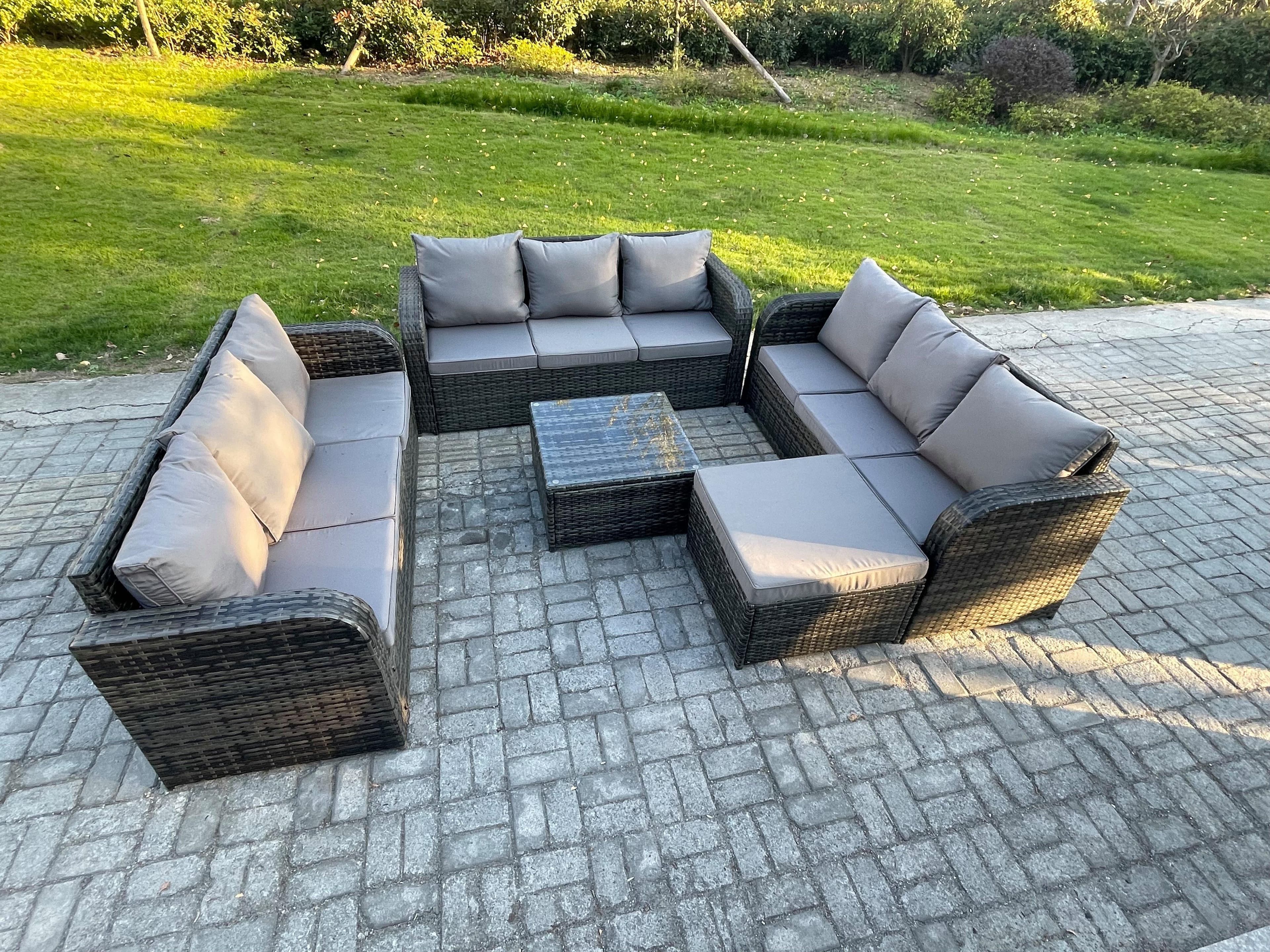 Patio Garden Furniture Sets Wicker 10 Seater Outdoor Rattan Furniture Sofa Sets Square Coffee Table Big Footstool