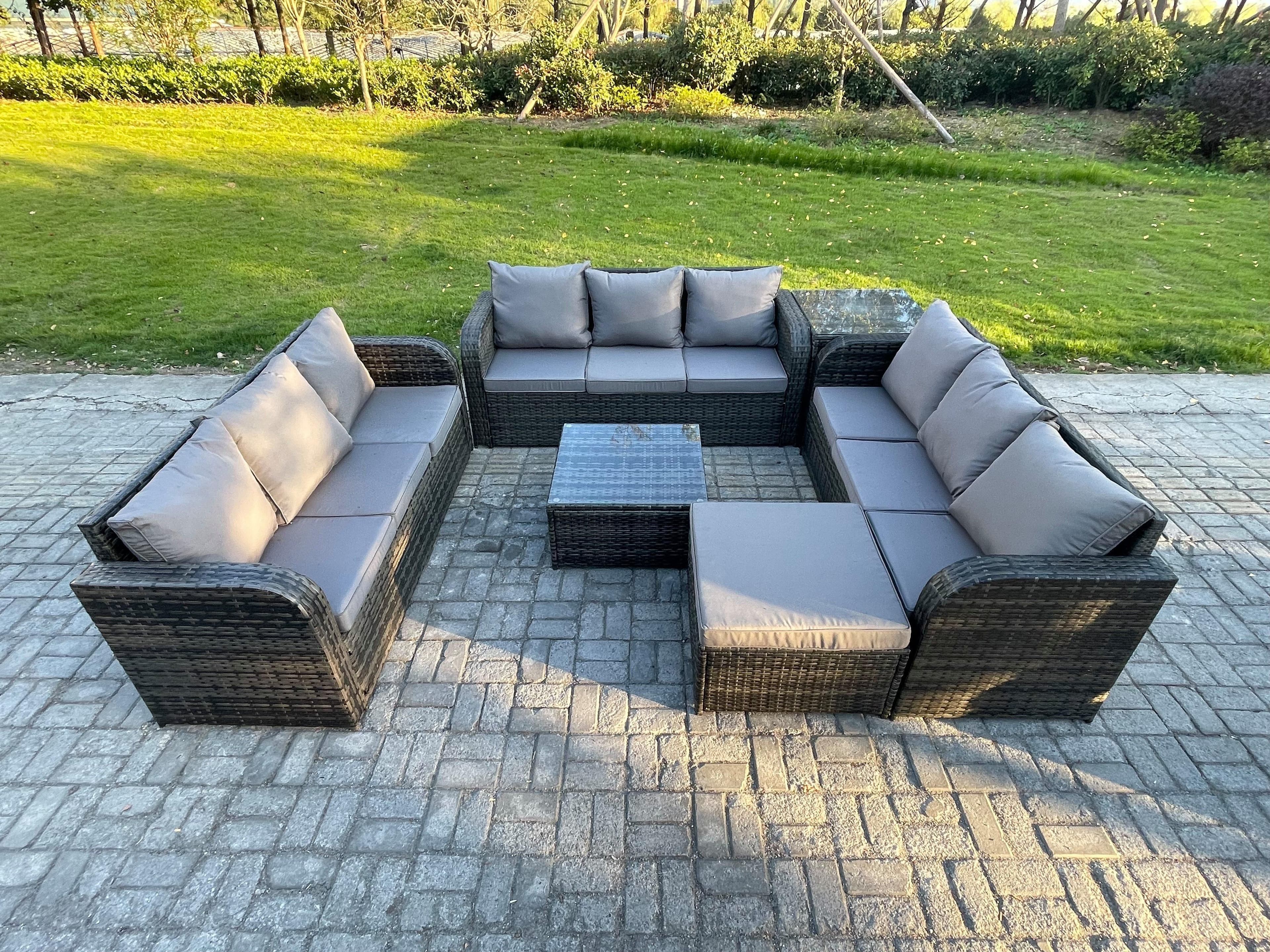 Patio Garden Furniture Sets Wicker 10 Seater Outdoor Rattan Furniture Sofa Sets Square Coffee Table Big Footstool