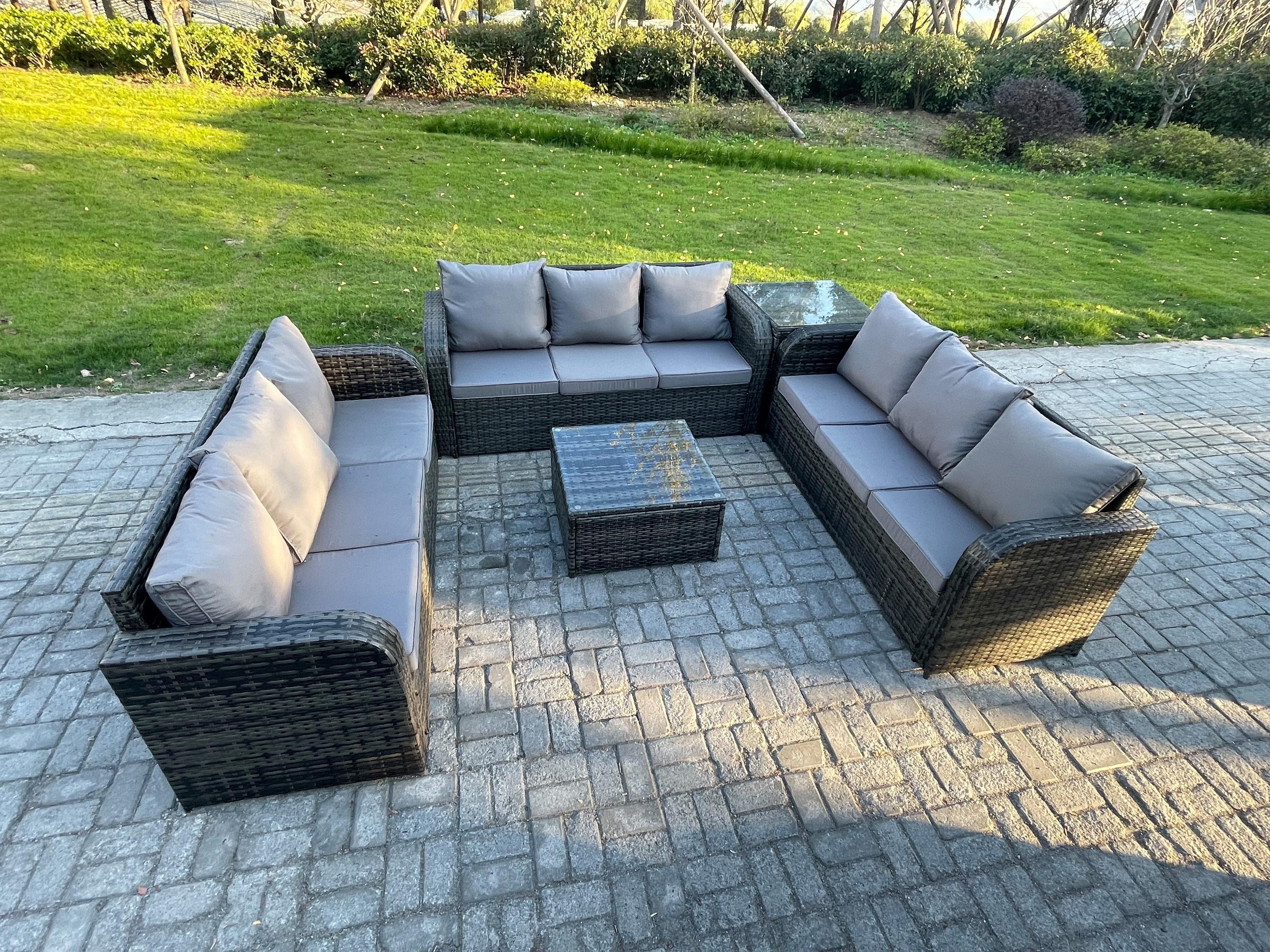 Patio Garden Furniture Sets Wicker 9 Seater Outdoor Rattan Furniture Sofa Sets Square Coffee Table Side Table
