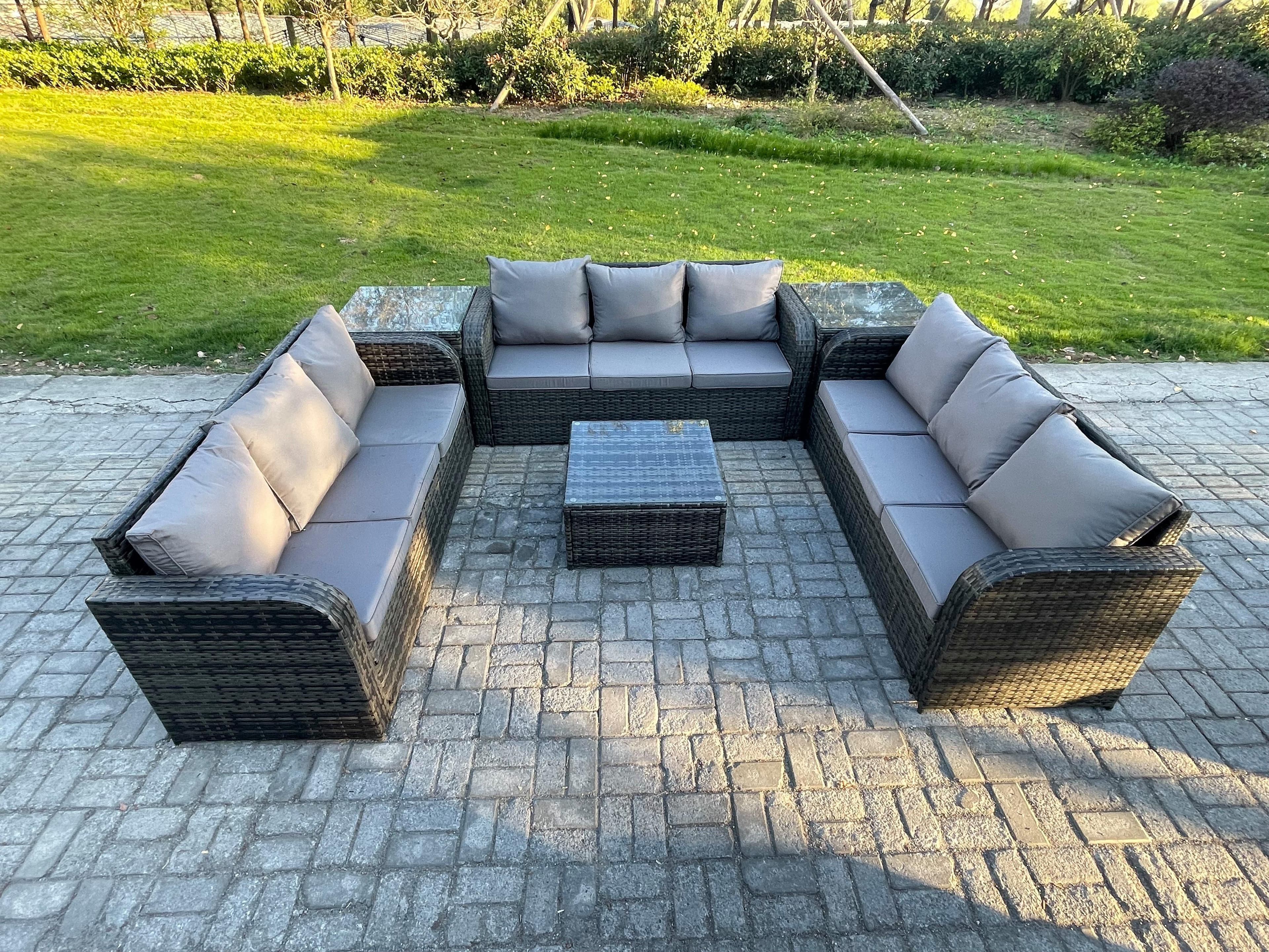 Rattan Outdoor Furniture Set Patio Garden Sofa Set 2 Side Table Square Coffee Table Dark Grey Mixed