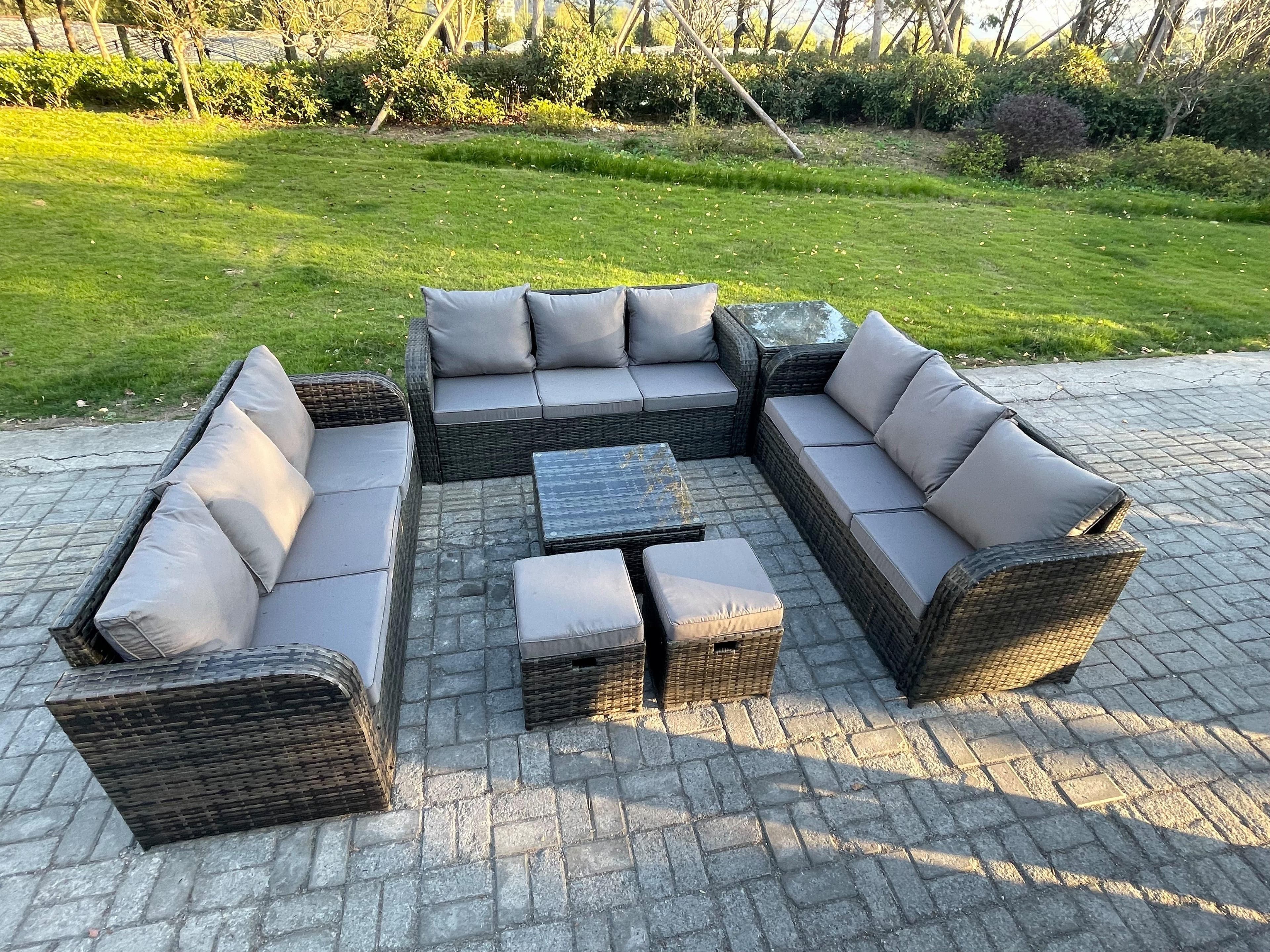 Rattan Outdoor Furniture Set Patio Garden Sofa Set Side Table Square Coffee Table 3 Seater Sofa Dark Grey Mixed