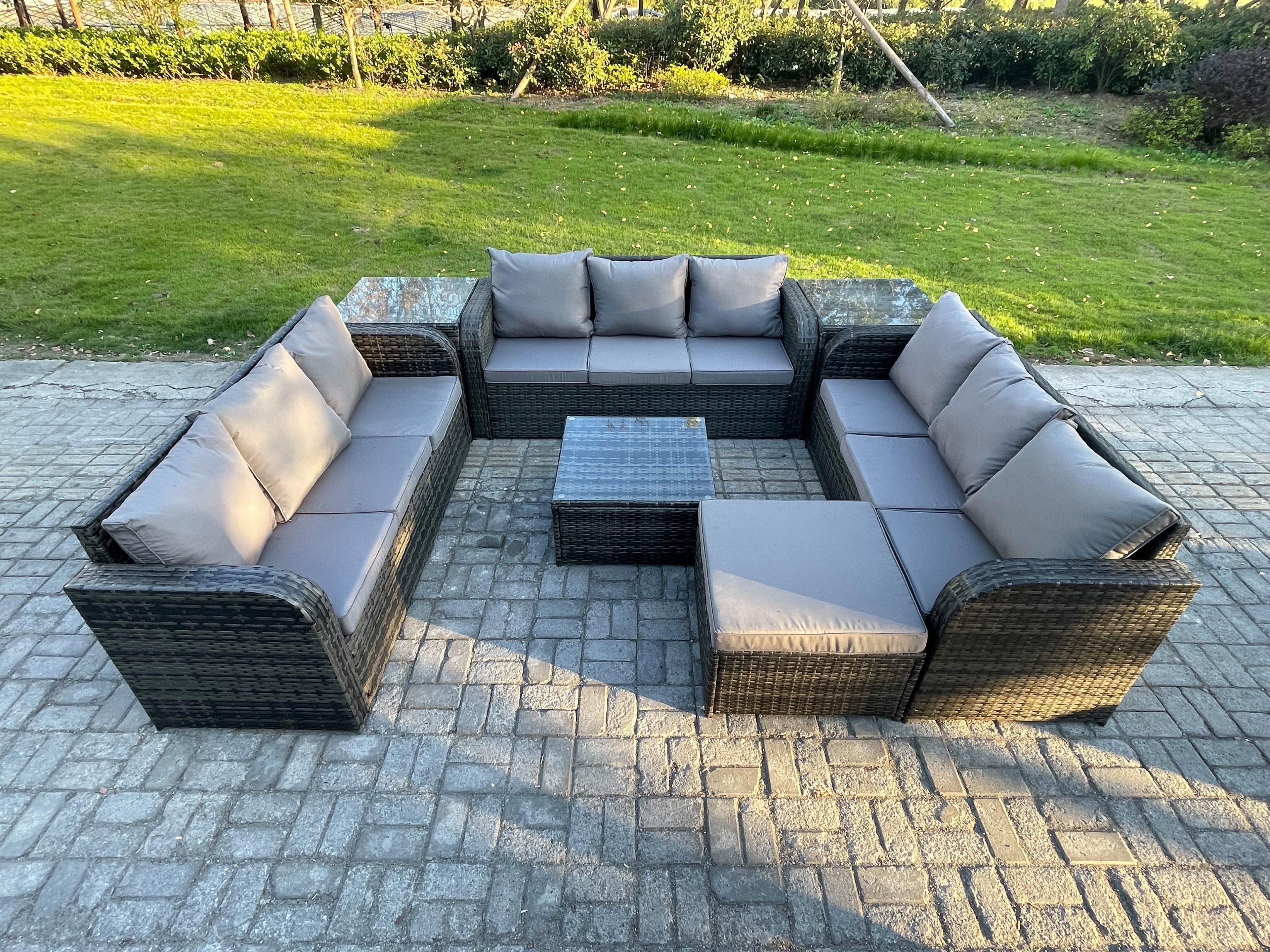 Rattan Outdoor Furniture Set Patio Garden Sofa Set Square Coffee Table Big Footstool 2 Side Tables Dark Grey Mixed
