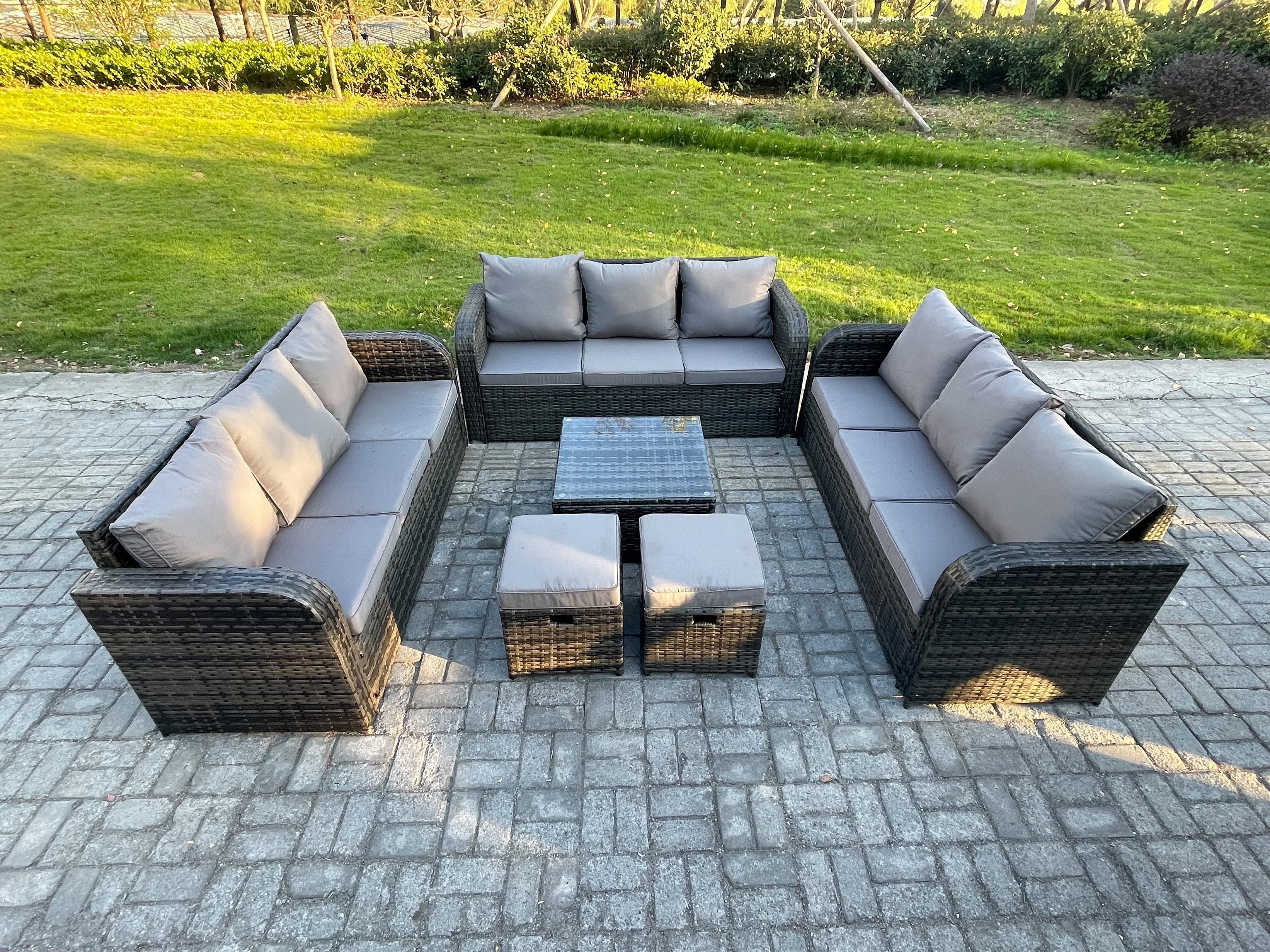11 Seater Rattan Outdoor Furniture Set Patio Garden Sofa Set Square Coffee Table 3 Seater Sofa Dark Grey Mixed
