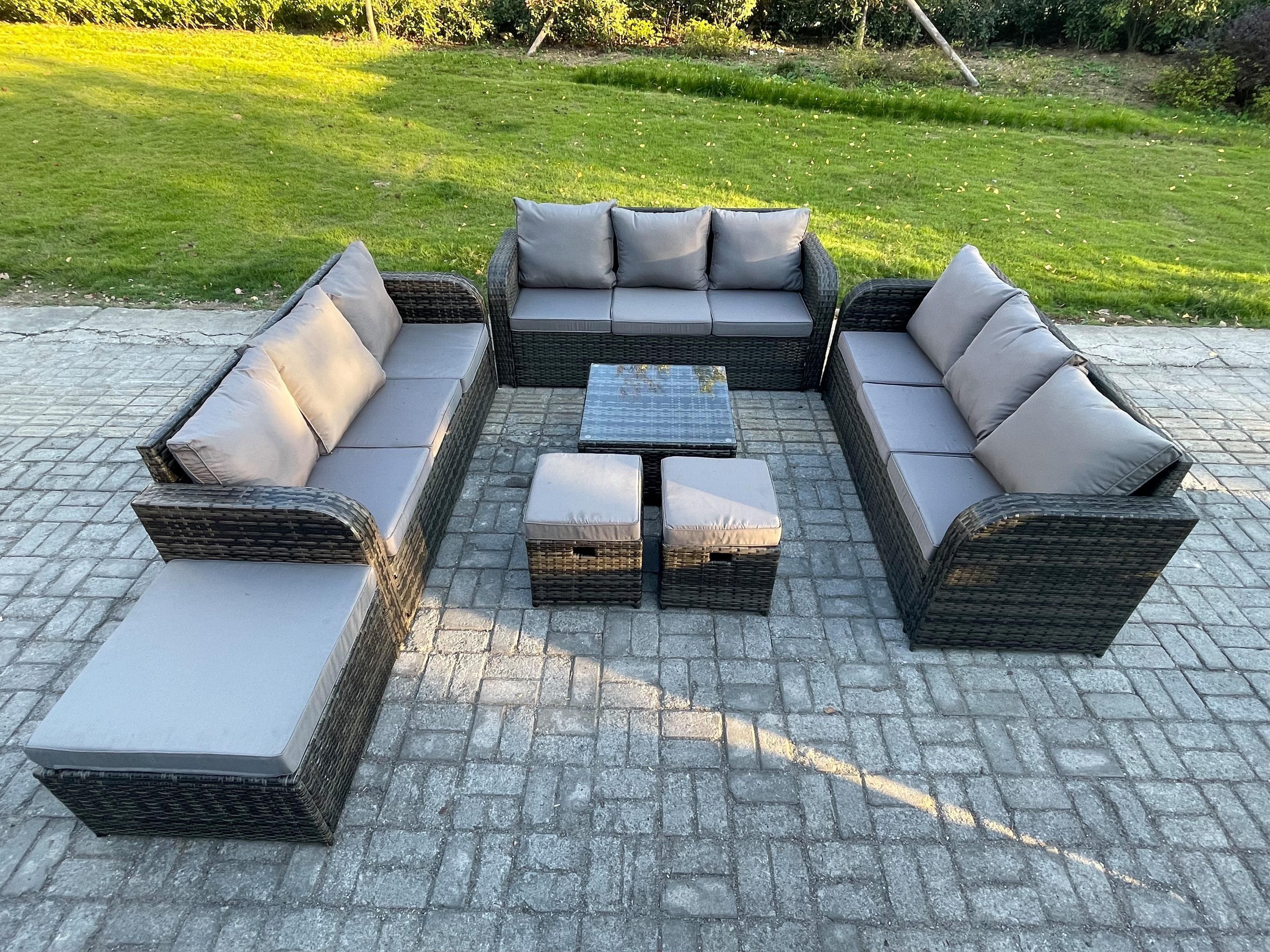 12 Seater Rattan Outdoor Furniture Set Patio Garden Sofa Set Square Coffee Table 3 Seater Sofa 3 Footstools
