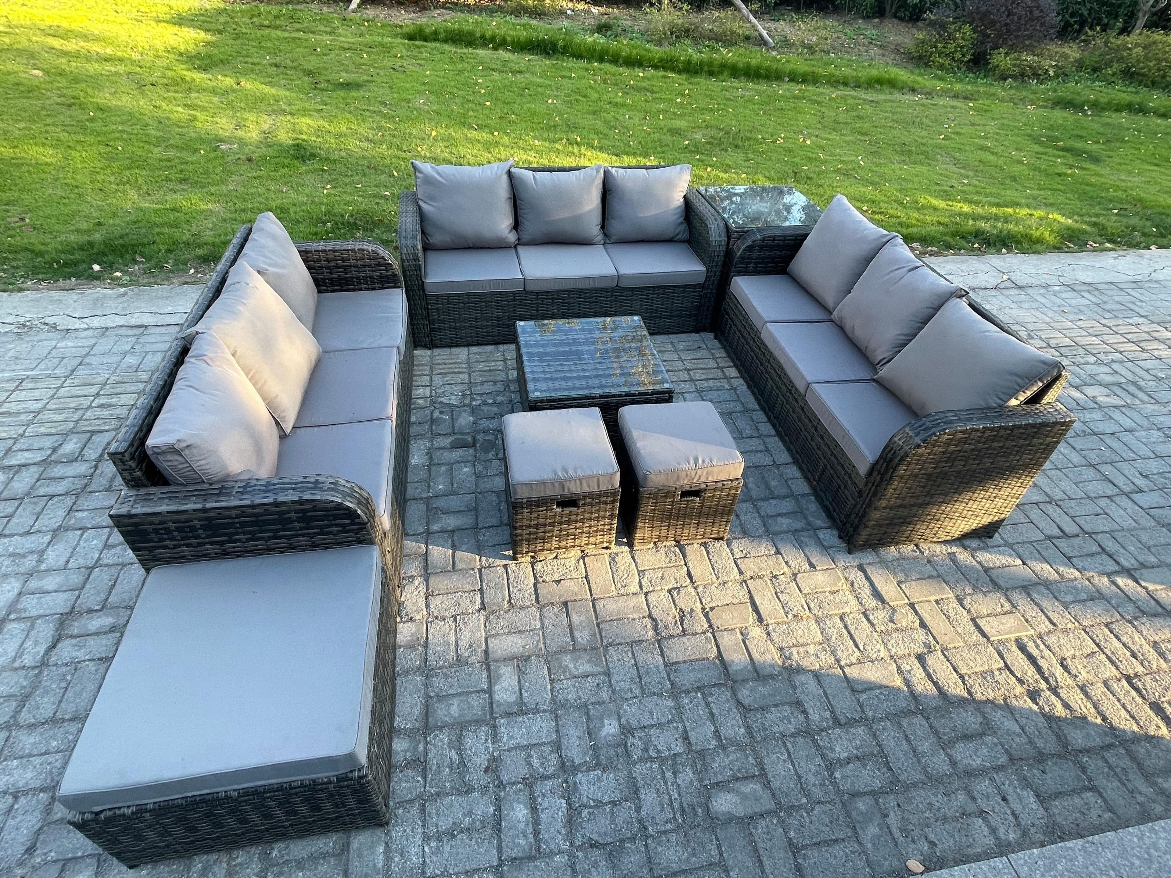 12 Seater Rattan Outdoor Furniture Set Patio Garden Sofa Set Square Coffee Table 3 Seater Sofa Side Table
