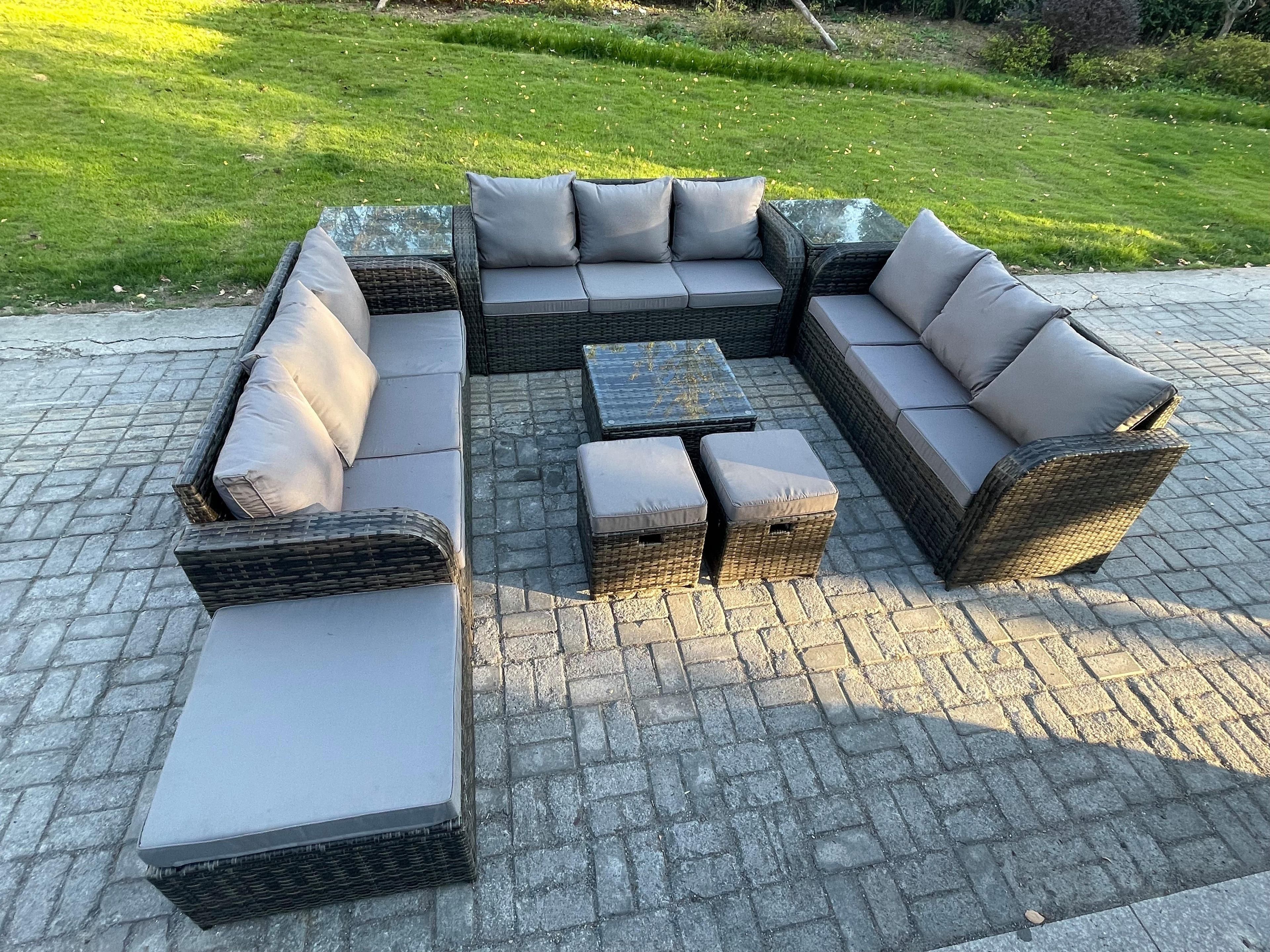 12 Seater Rattan Outdoor Furniture Set Patio Garden Sofa Set Square Coffee Table 3 Seater Sofa 2 Side Tables