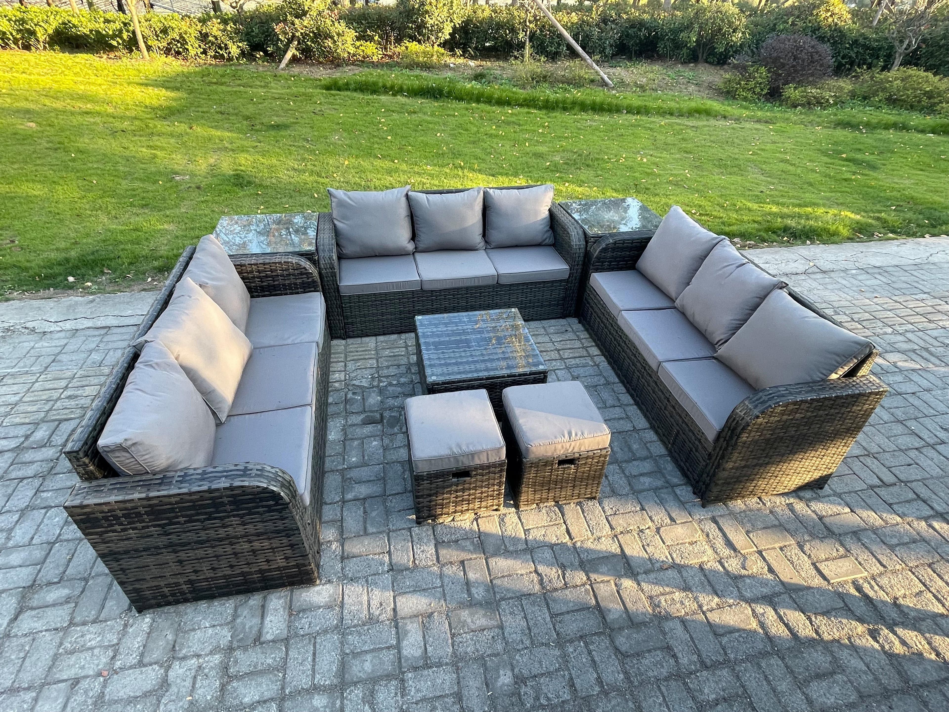 11 Seater Rattan Outdoor Furniture Set Patio Garden Sofa Set Square Coffee Table 3 Seater Sofa 2 Small Footstools