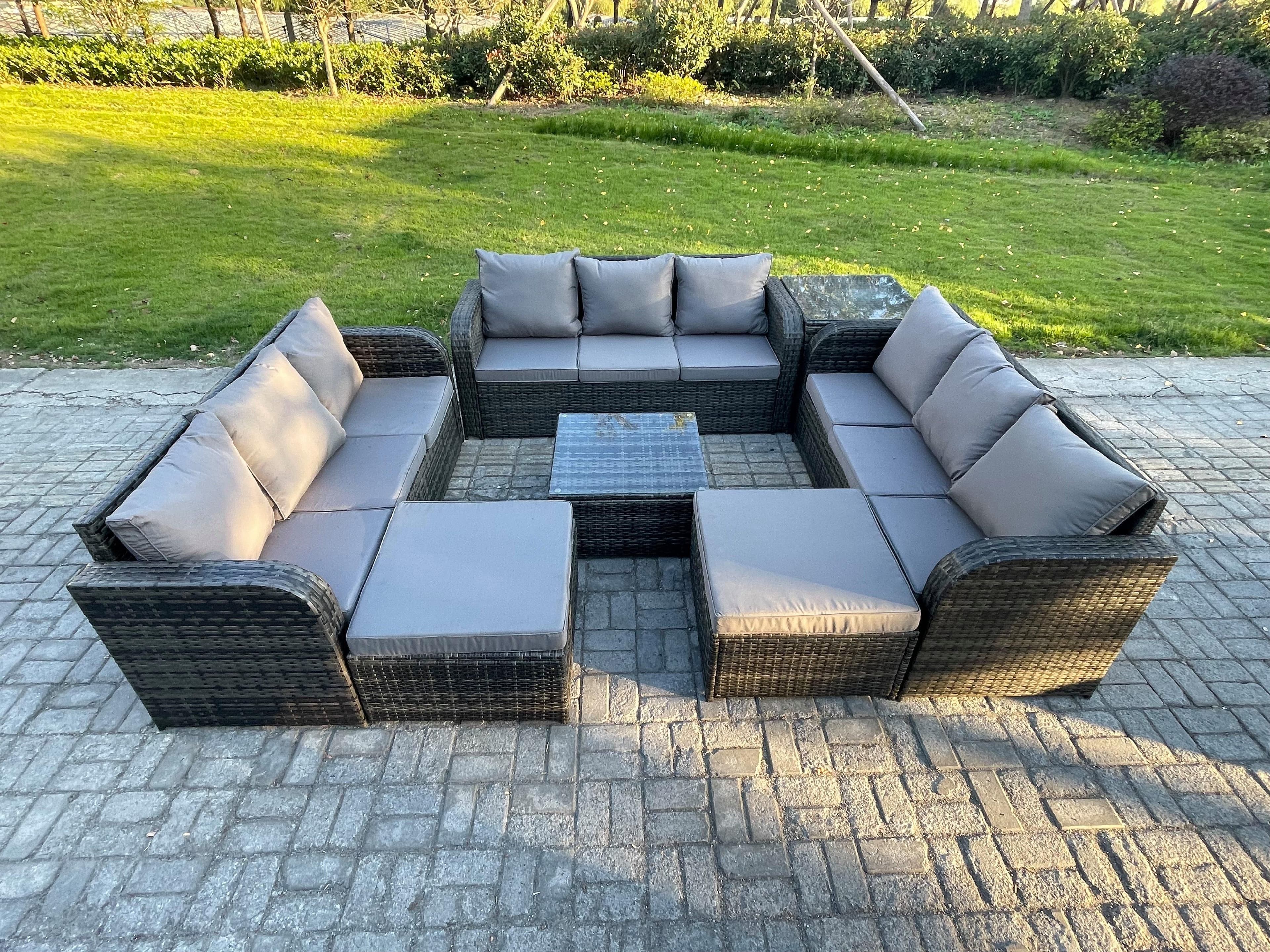 11 Seater Rattan Outdoor Furniture Set Patio Garden Sofa Set Square Coffee Table 3 Seater Sofa 2 Big Footstool Side Table