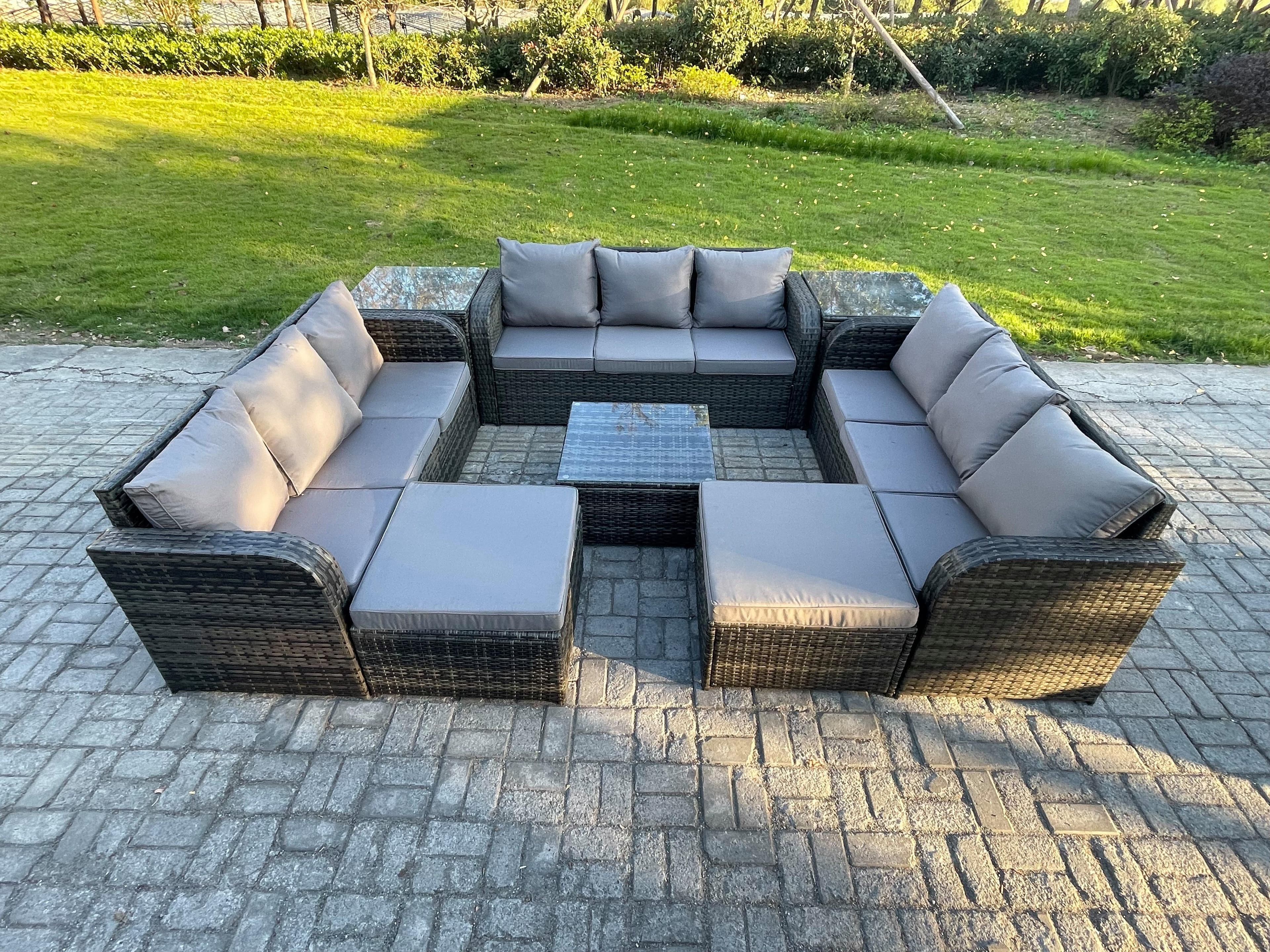 Rattan Outdoor Furniture Set Patio Garden Sofa Set Square Coffee Table 2 Big Footstool 2 Side Tables Dark Grey Mixed
