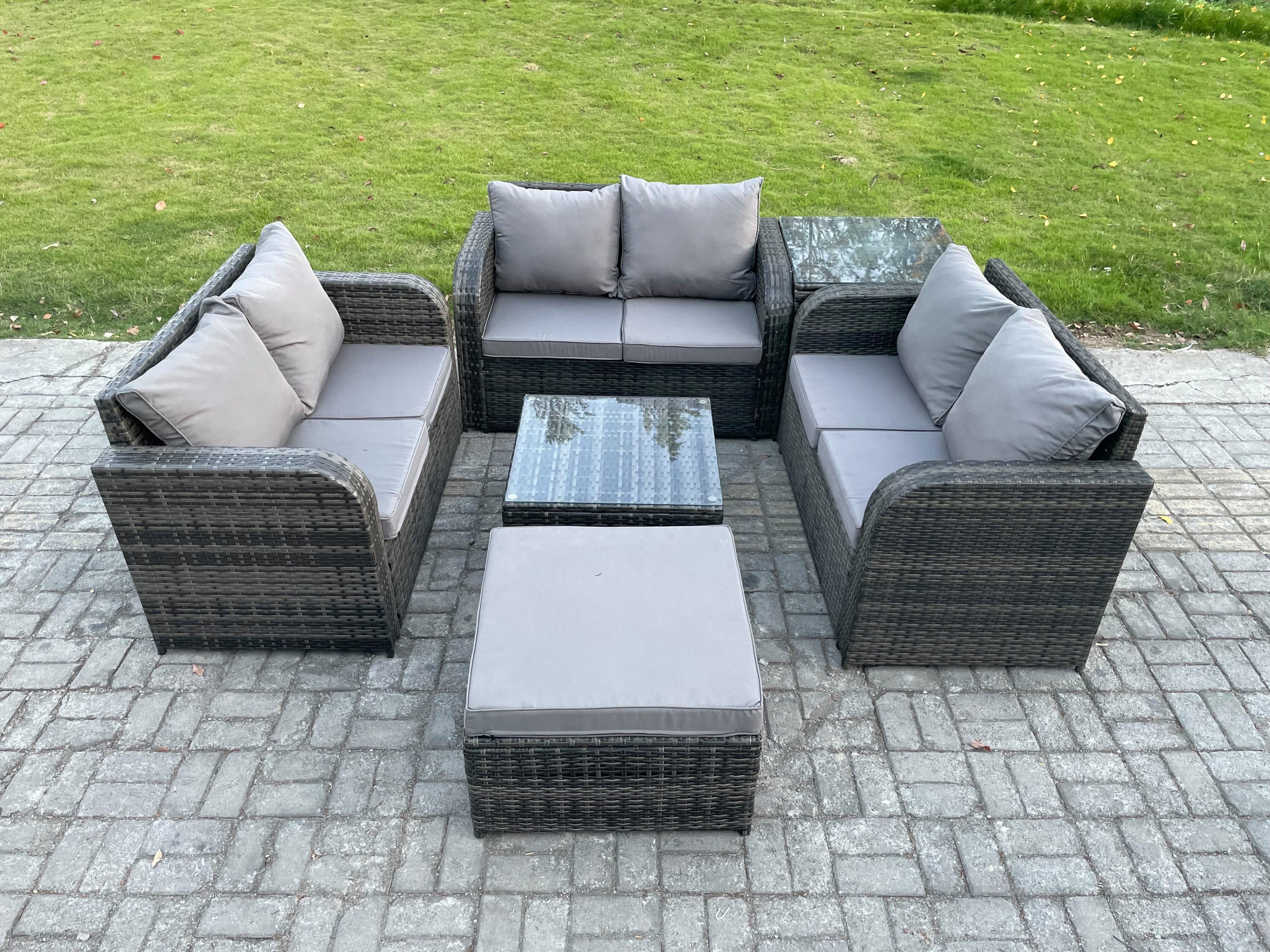Outdoor Garden Furniture Sets 7 Seater Wicker Rattan Furniture Sofa Sets Square Coffee Table Love seat Sofa Footstool