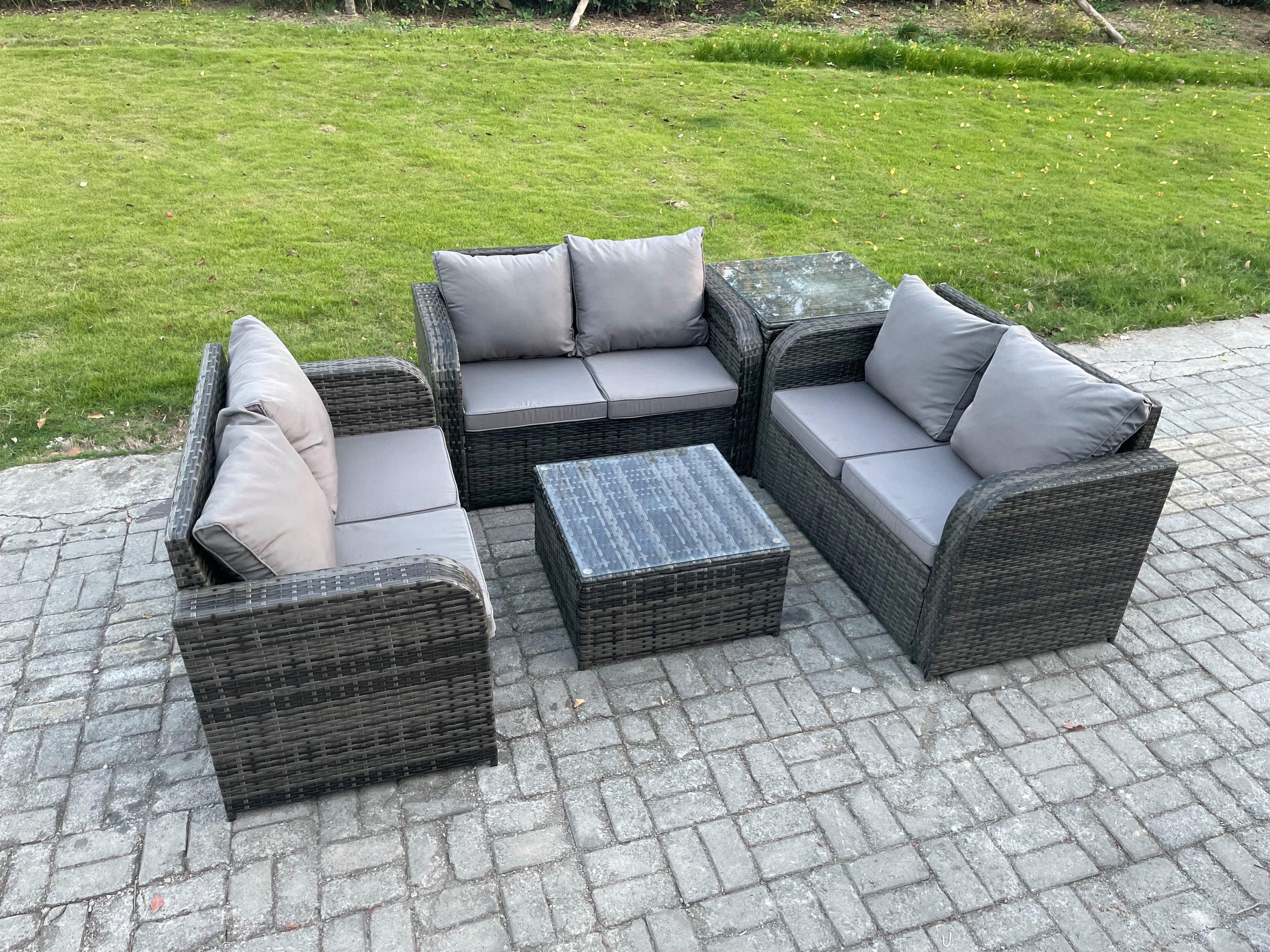 Outdoor Garden Furniture Sets 6 Seater Wicker Rattan Furniture Sofa Sets Square Coffee Table Love seat Sofa 2 Small Footstools