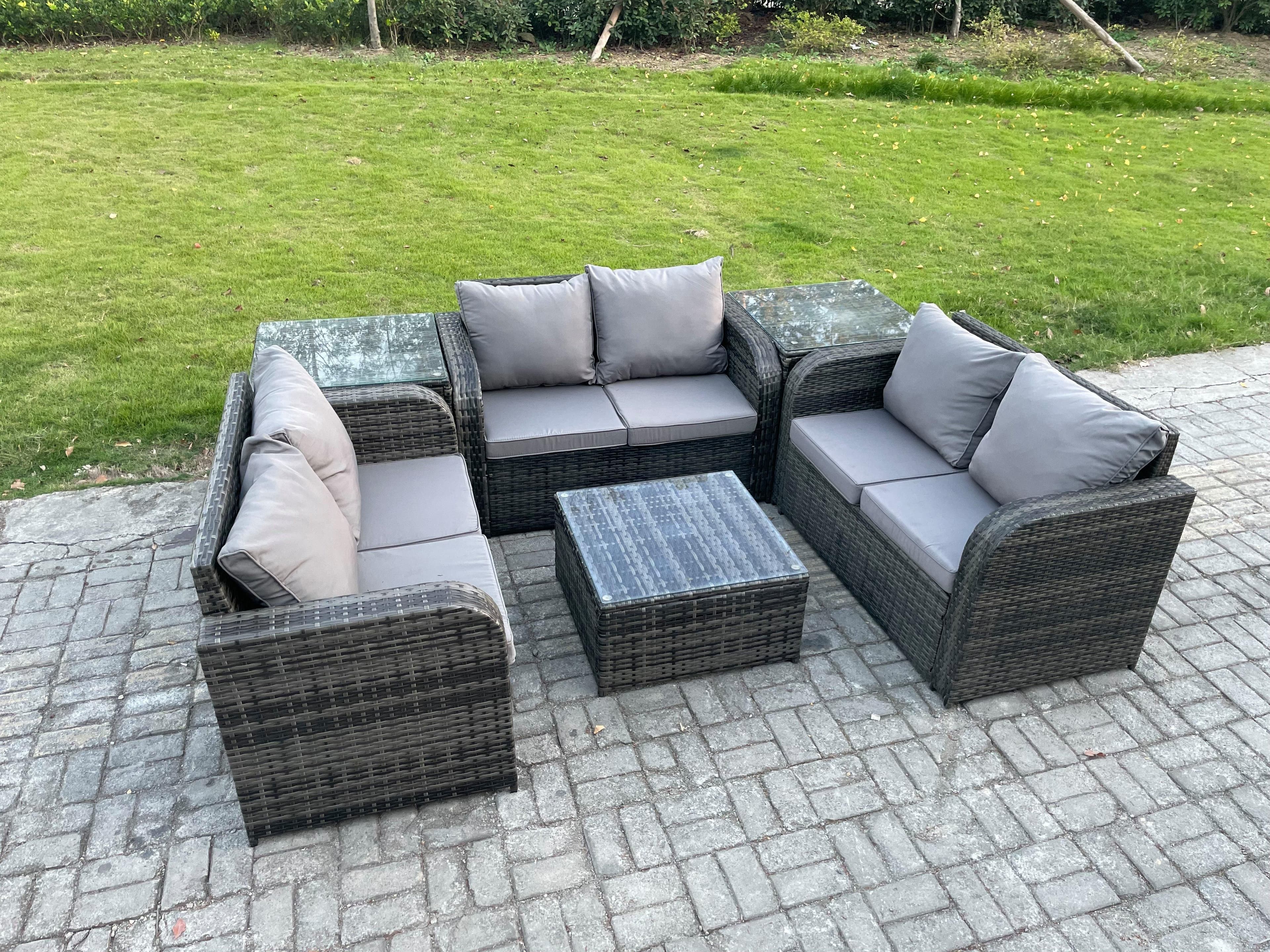 Outdoor Garden Furniture Sets 6 Seater Wicker Rattan Furniture Sofa Sets Square Coffee Table Love seat Sofa 2 Side Tables