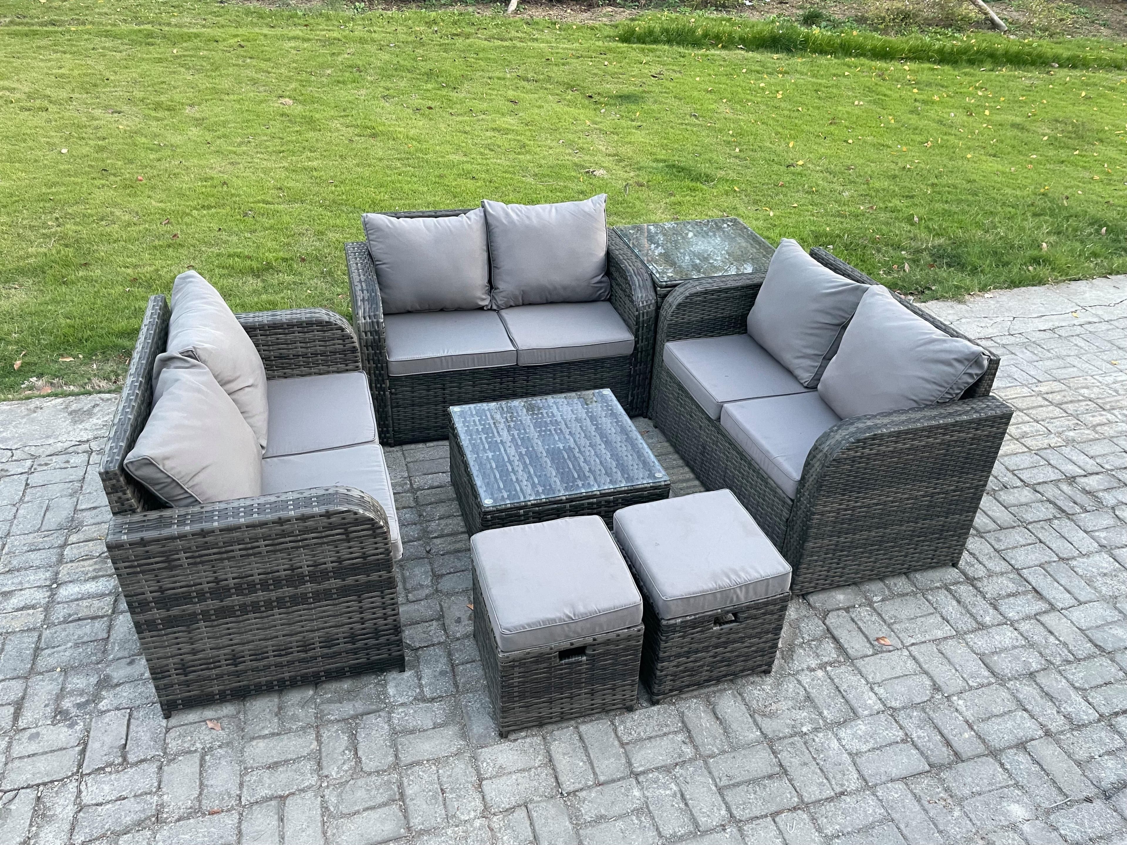 Outdoor Garden Furniture Sets 8 Seater Wicker Rattan Furniture Sofa Sets Square Coffee Table Love seat Sofa 2 Small Footstools