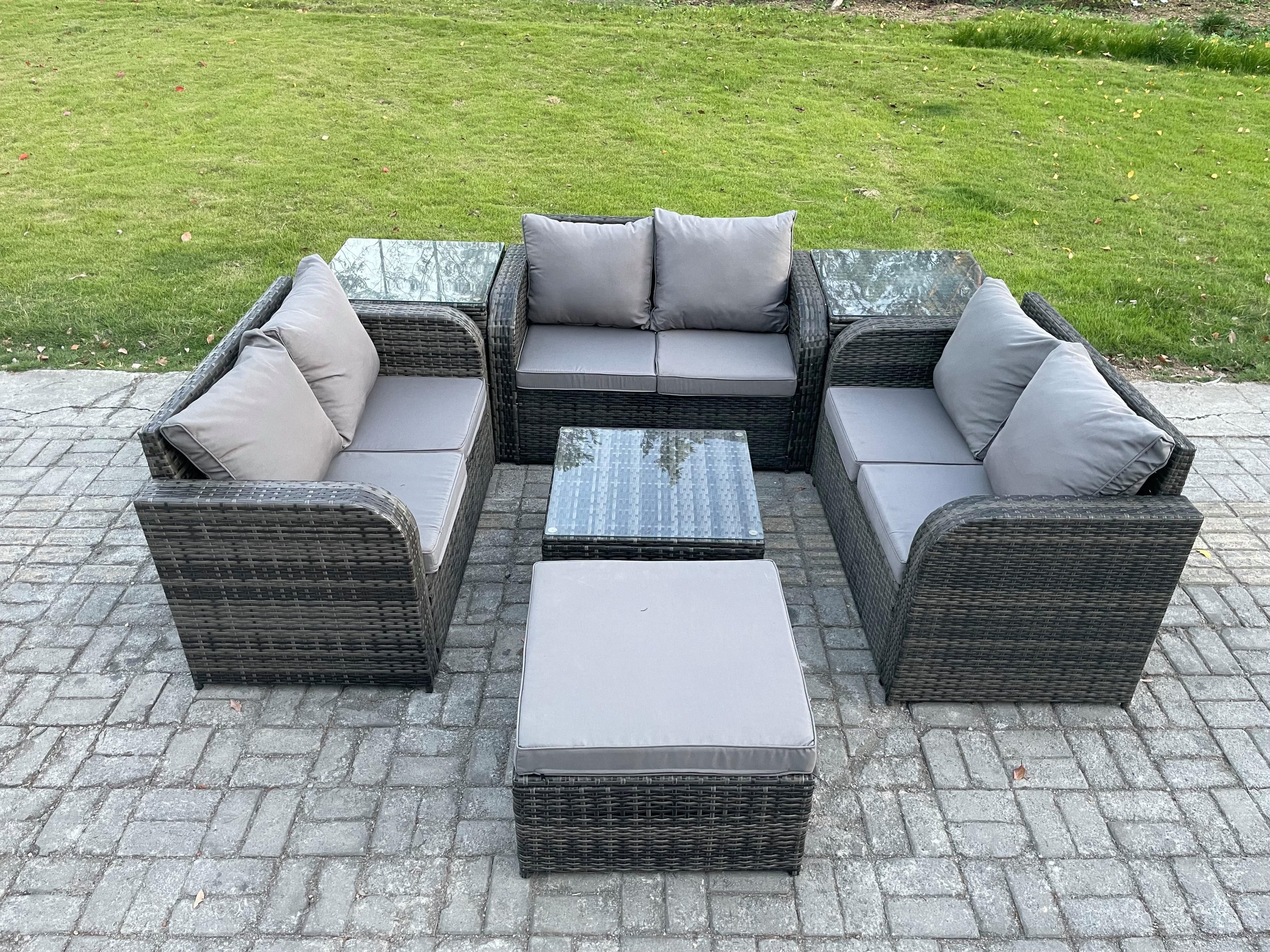 Outdoor Garden Furniture Sets 7 Seater Wicker Rattan Furniture Sofa Sets Square Coffee Table Love seat Sofa Big Footstool