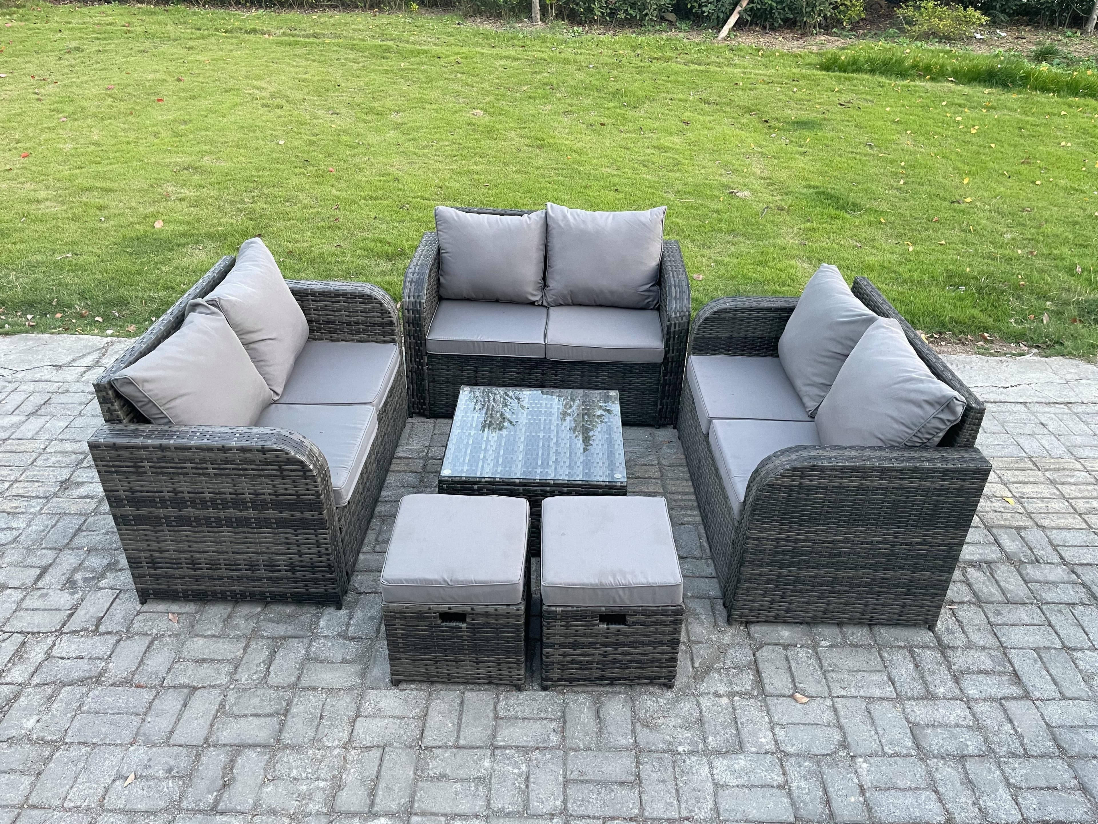 8 Seater Outdoor Garden Furniture Sets Wicker Rattan Furniture Sofa Sets Square Coffee Table Love seat Sofa 2 Small Footstools